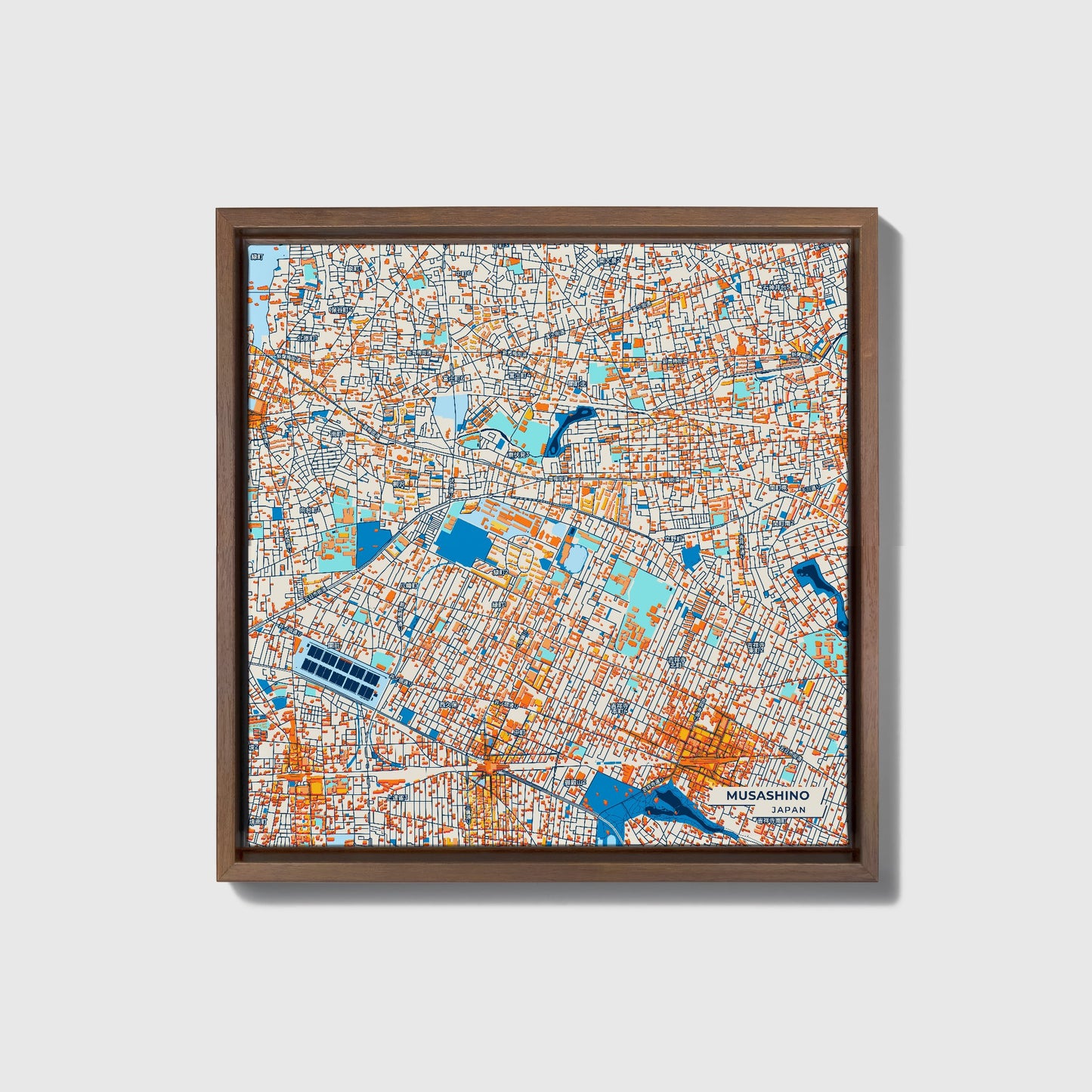 Musashino Japan Colorful City Map Canvas Print • Dark Wooden Framed