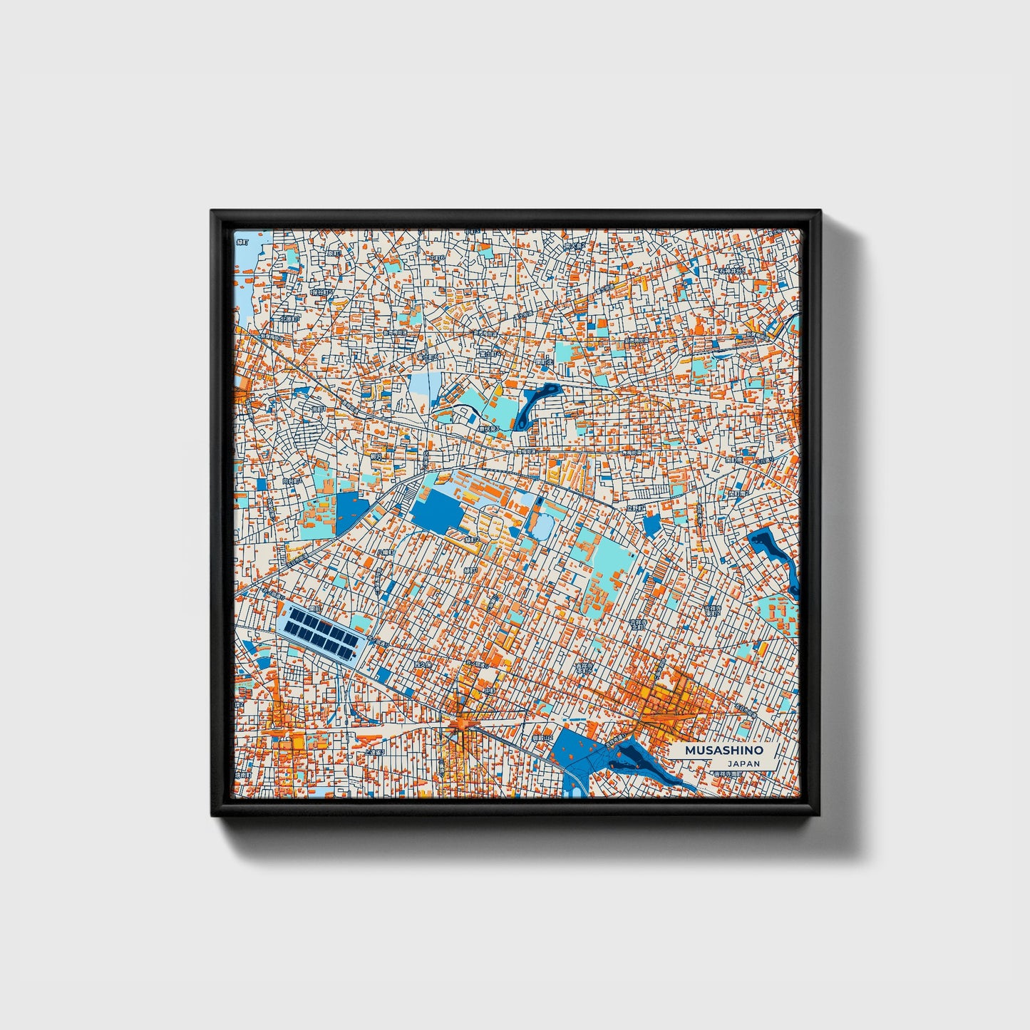 Musashino Japan Colorful City Map Canvas Print • Black Framed