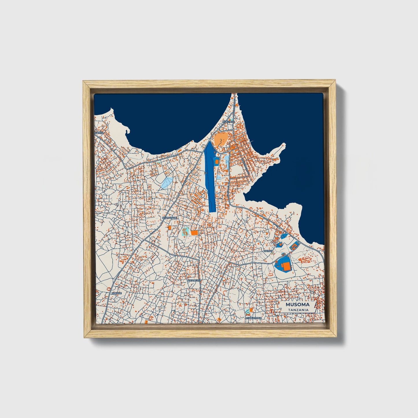 Musoma Tanzania Colorful City Map Canvas Print • Natural Wooden Framed