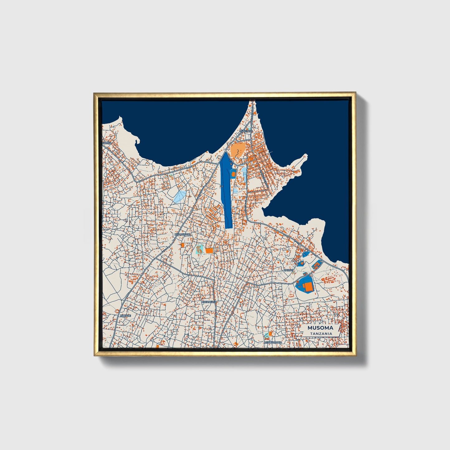 Musoma Tanzania Colorful City Map Canvas Print • Gold Framed