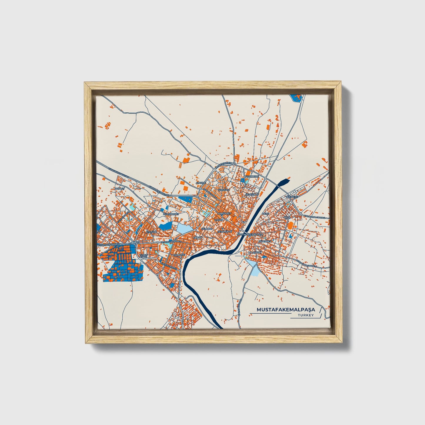 Mustafakemalpaşa Turkey Colorful City Map Canvas Print • Natural Wooden Framed