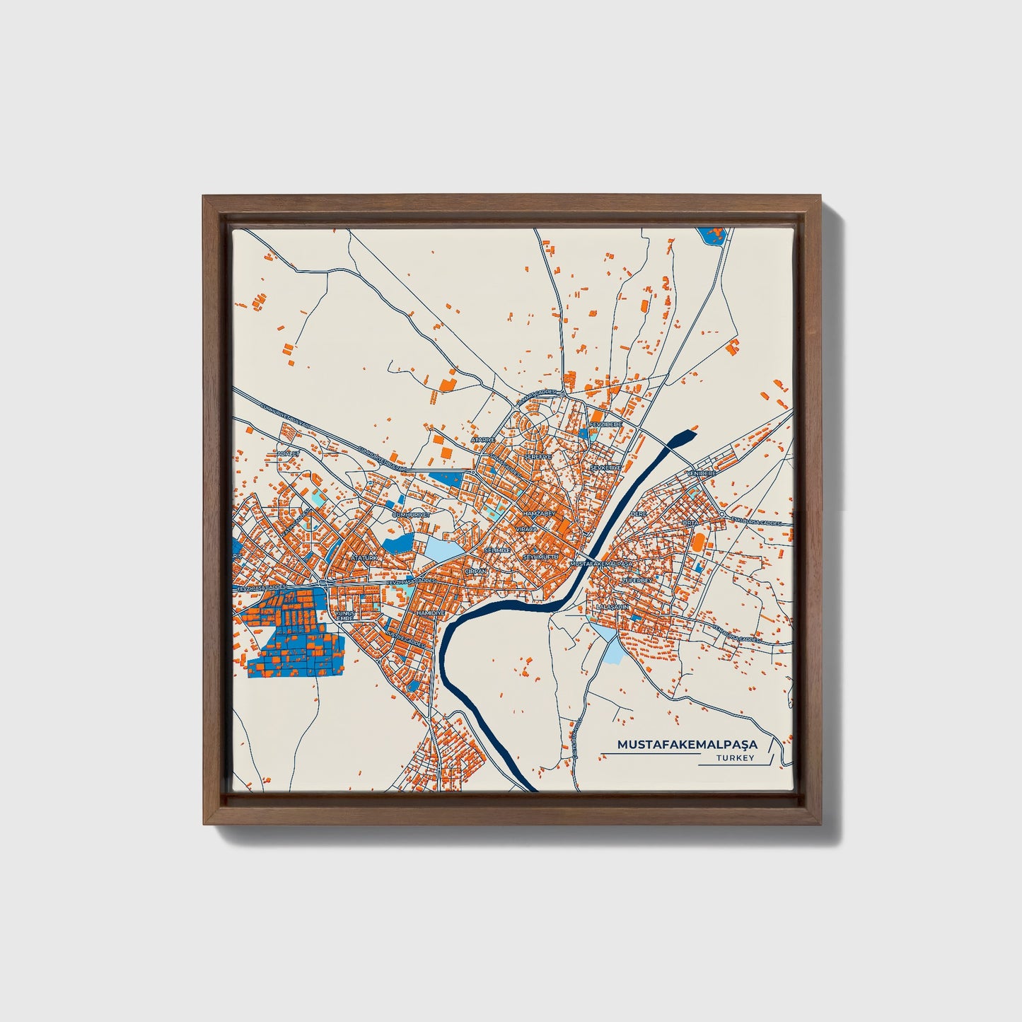 Mustafakemalpaşa Turkey Colorful City Map Canvas Print • Dark Wooden Framed