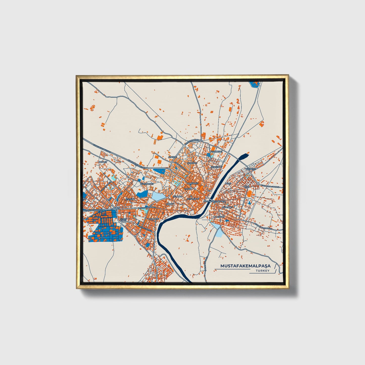 Mustafakemalpaşa Turkey Colorful City Map Canvas Print • Gold Framed