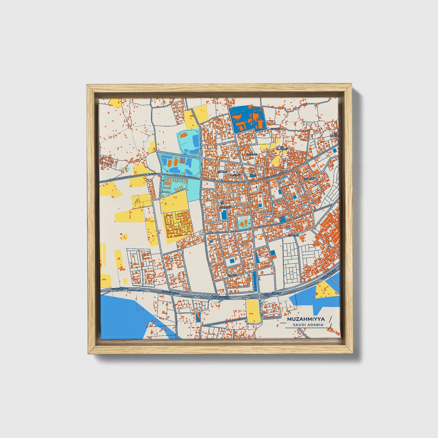 Muzahmiyya Saudi Arabia Colorful City Map Canvas Print • Natural Wooden Framed