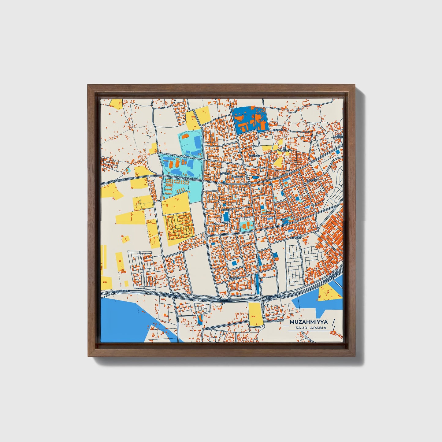 Muzahmiyya Saudi Arabia Colorful City Map Canvas Print • Dark Wooden Framed