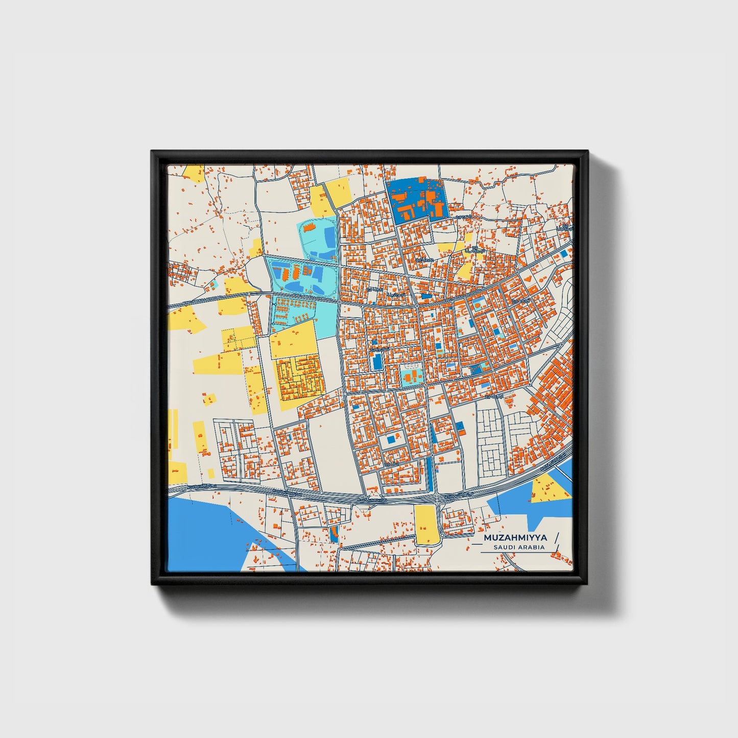 Muzahmiyya Saudi Arabia Colorful City Map Canvas Print • Black Framed