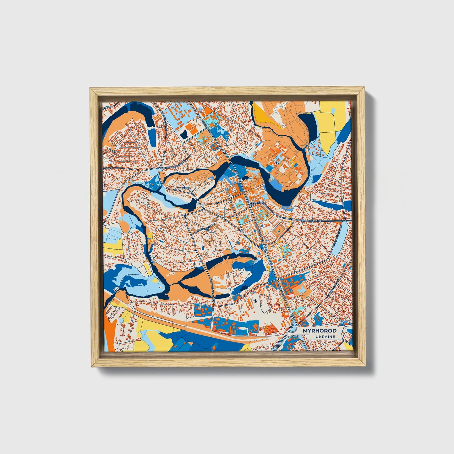 Міргород Ukraine Colorful City Map Canvas Print • Natural Wooden Framed