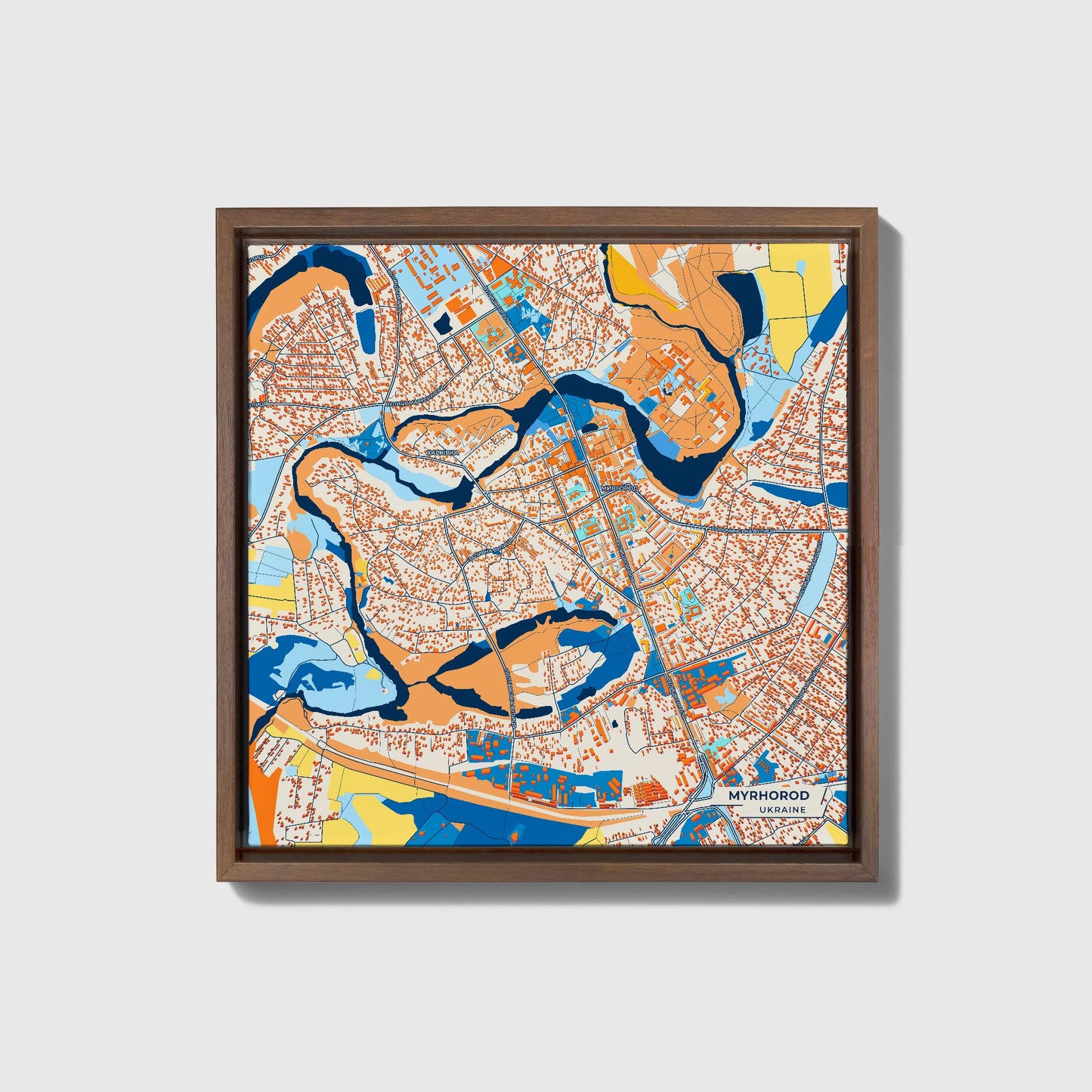 Міргород Ukraine Colorful City Map Canvas Print • Dark Wooden Framed