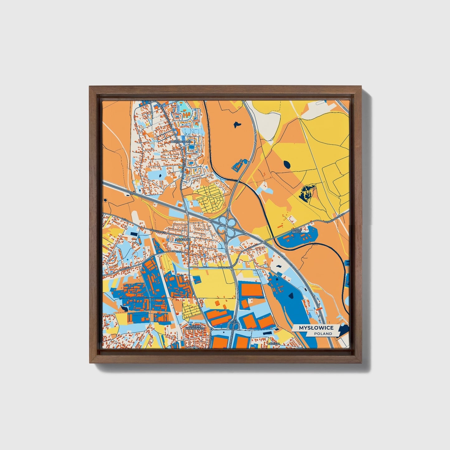 Mysłowice Poland Colorful City Map Canvas Print • Dark Wooden Framed