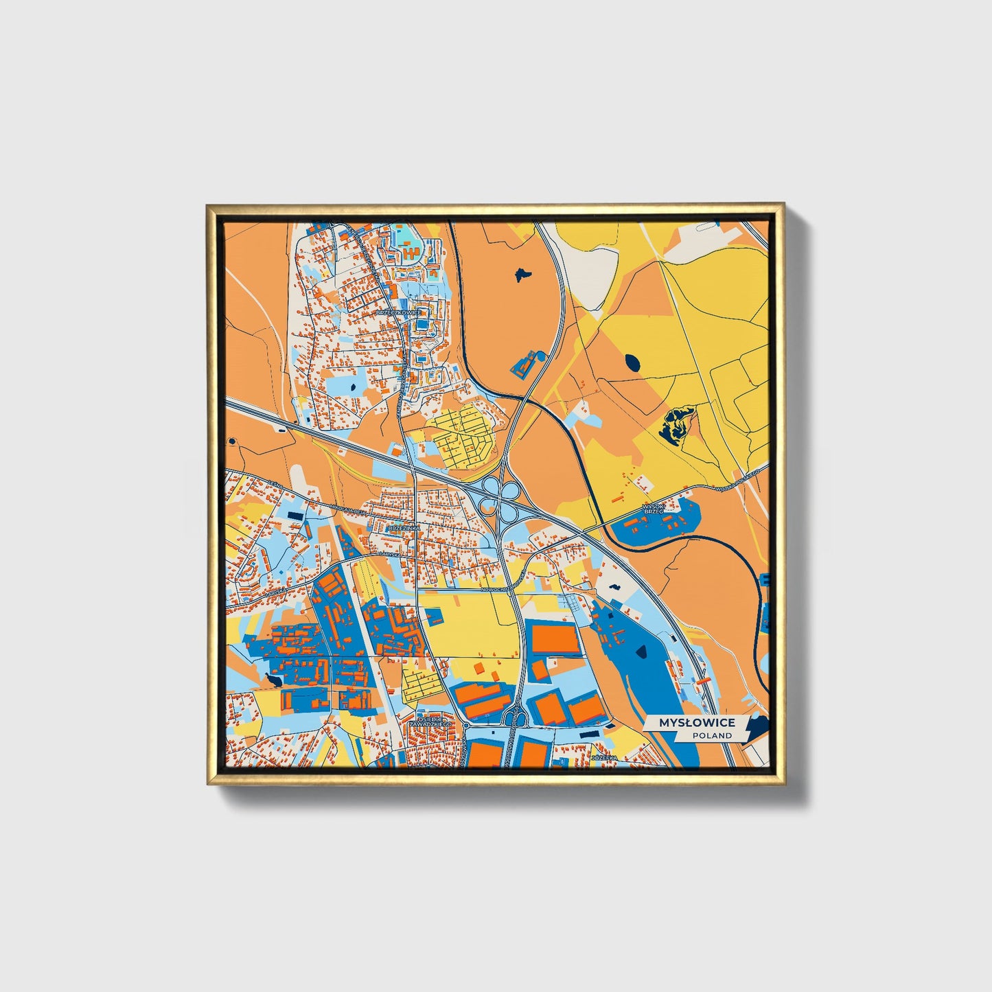 Mysłowice Poland Colorful City Map Canvas Print • Gold Framed