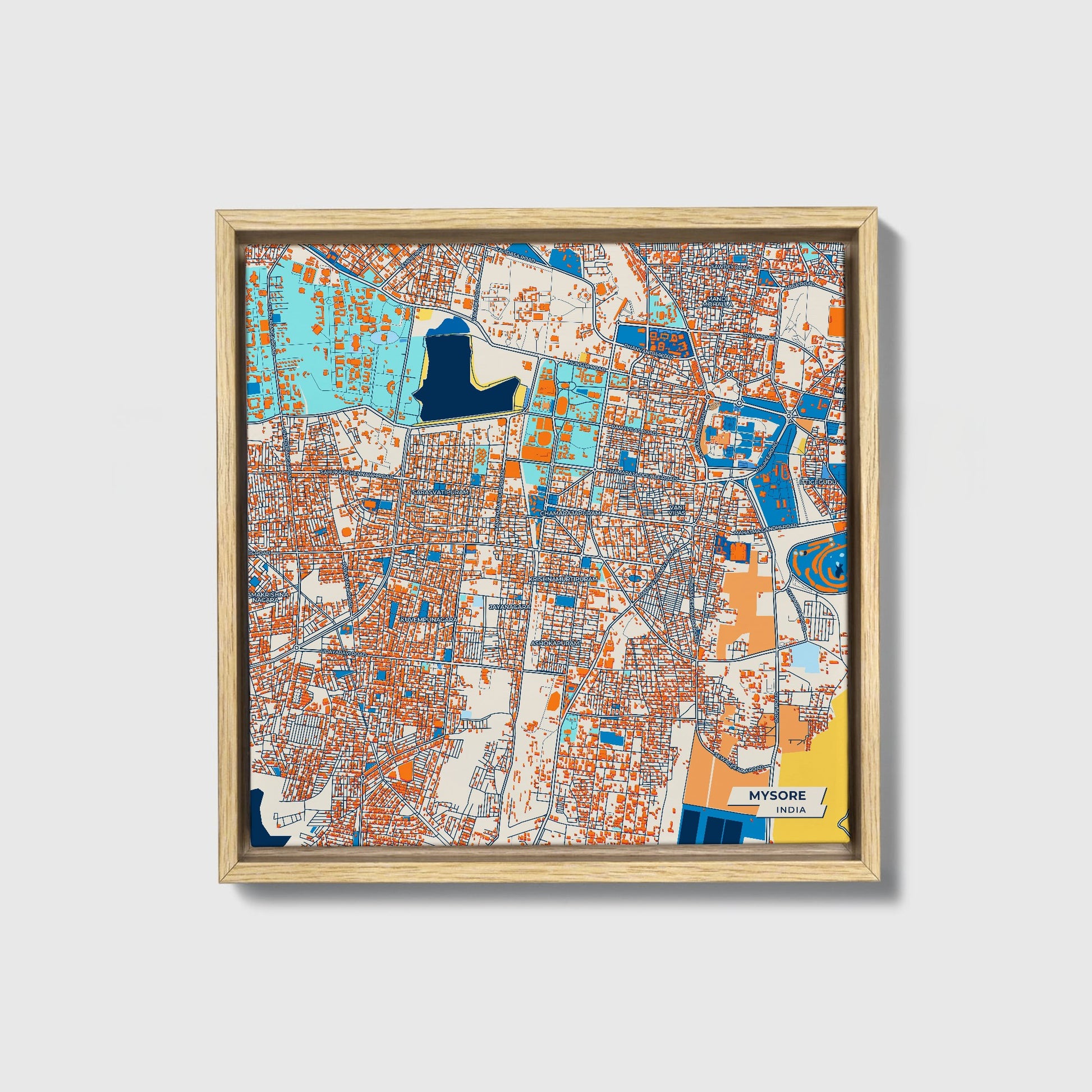 Mysore India Colorful City Map Canvas Print • Natural Wooden Framed