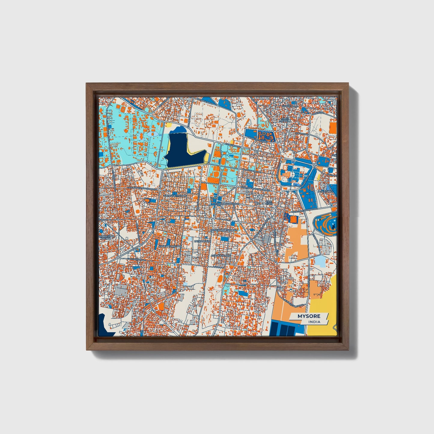 Mysore India Colorful City Map Canvas Print • Dark Wooden Framed
