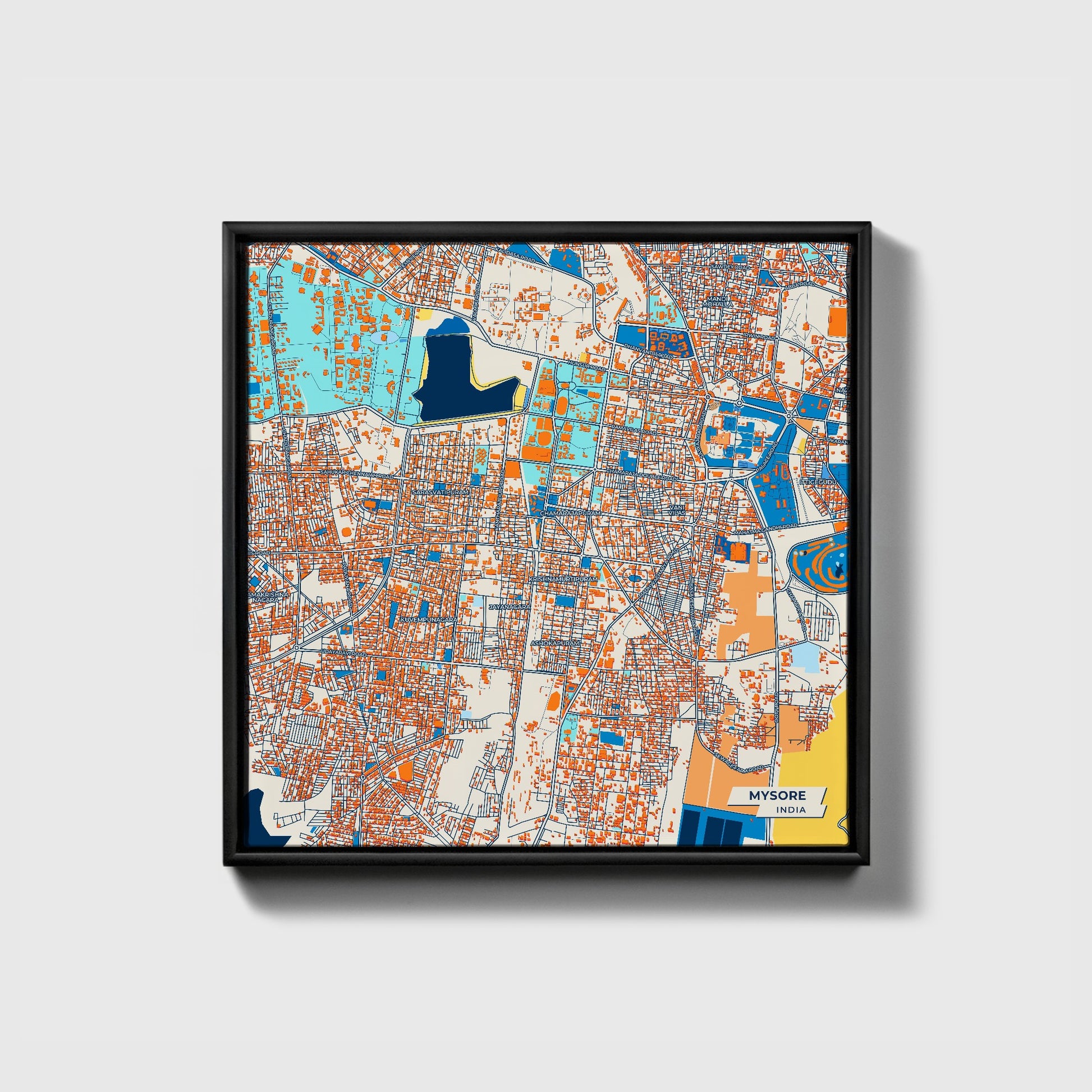 Mysore India Colorful City Map Canvas Print • Black Framed