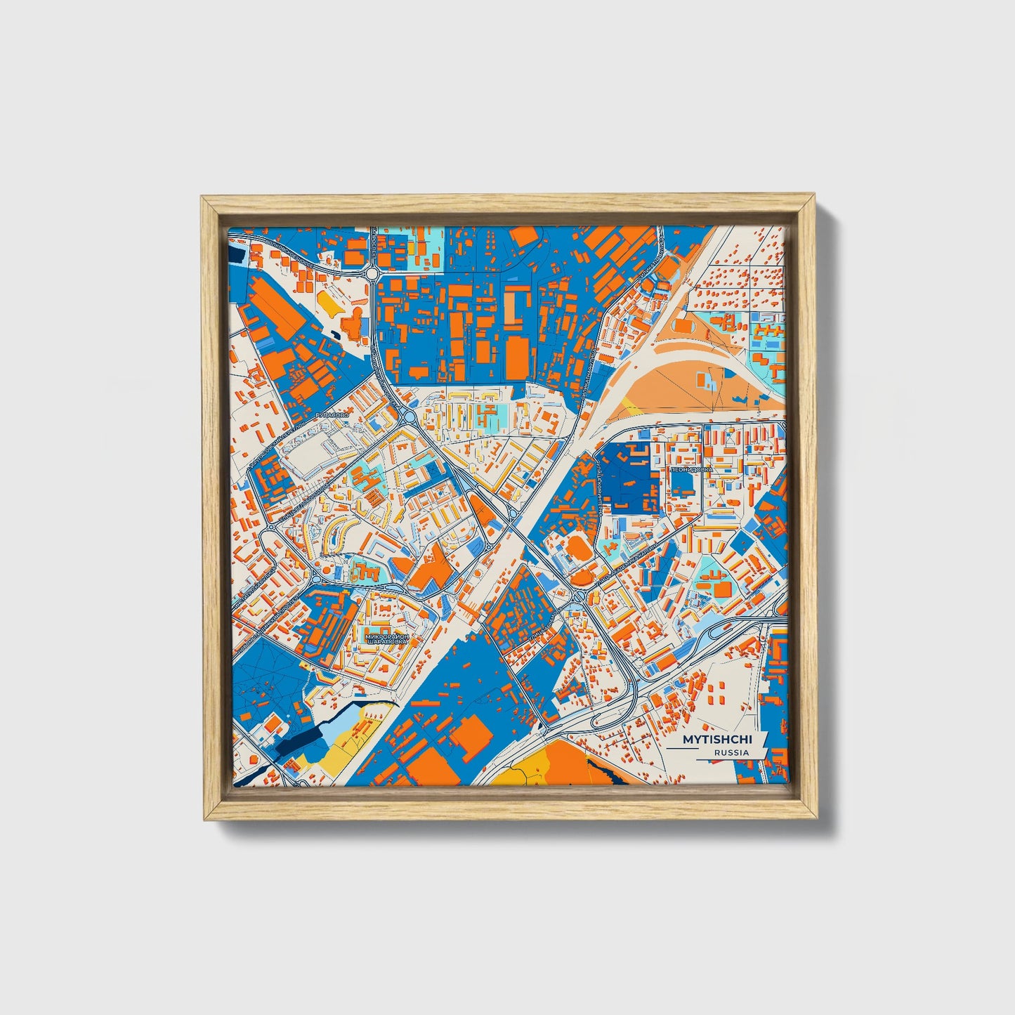 Мытищинский Russia Colorful City Map Canvas Print • Natural Wooden Framed