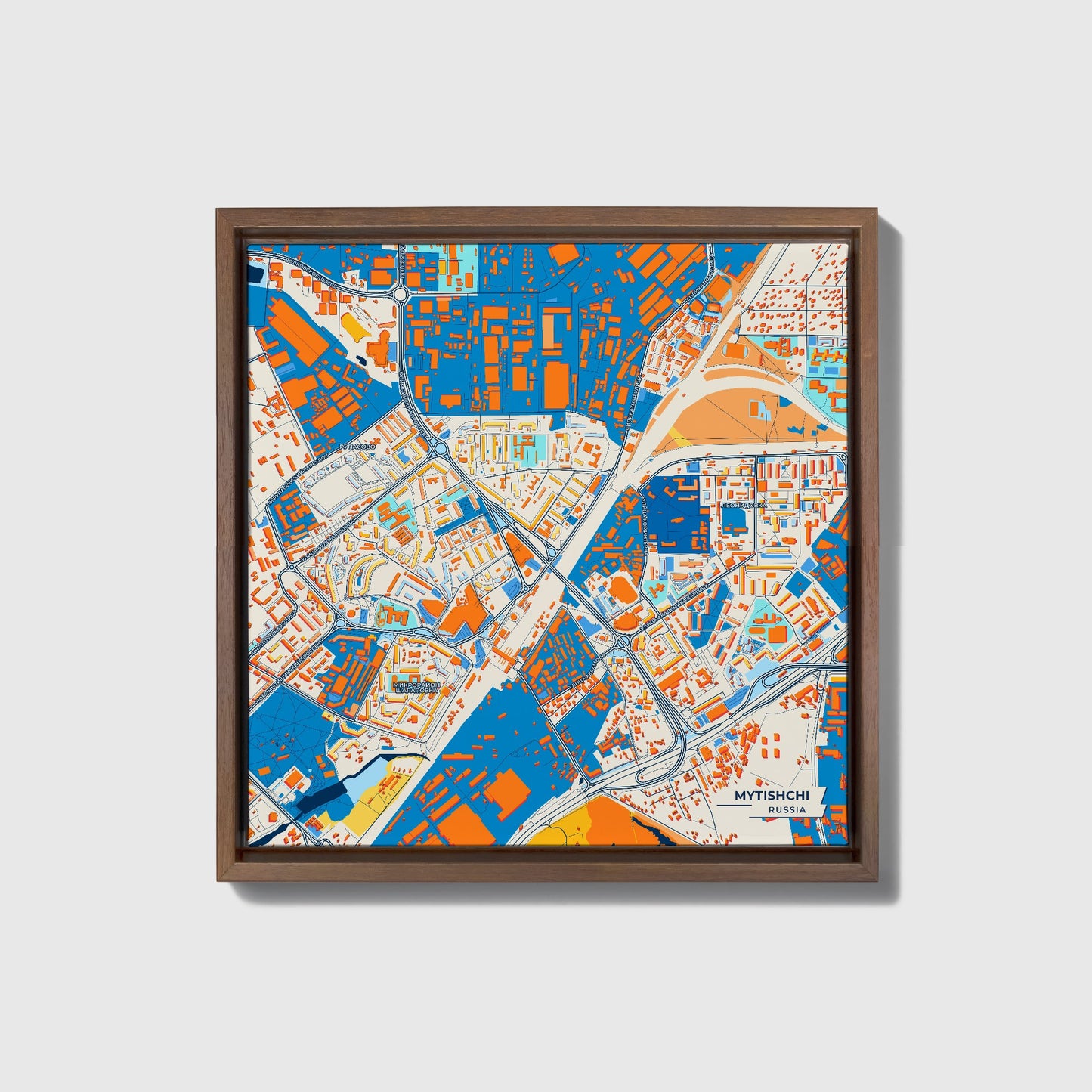Мытищинский Russia Colorful City Map Canvas Print • Dark Wooden Framed