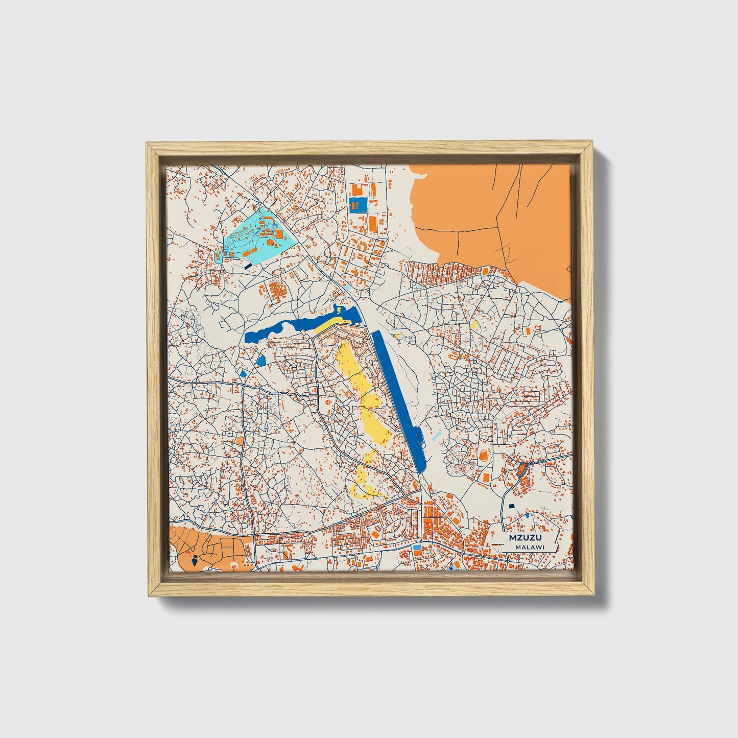 Mzuzu Malawi Colorful City Map Canvas Print • Natural Wooden Framed