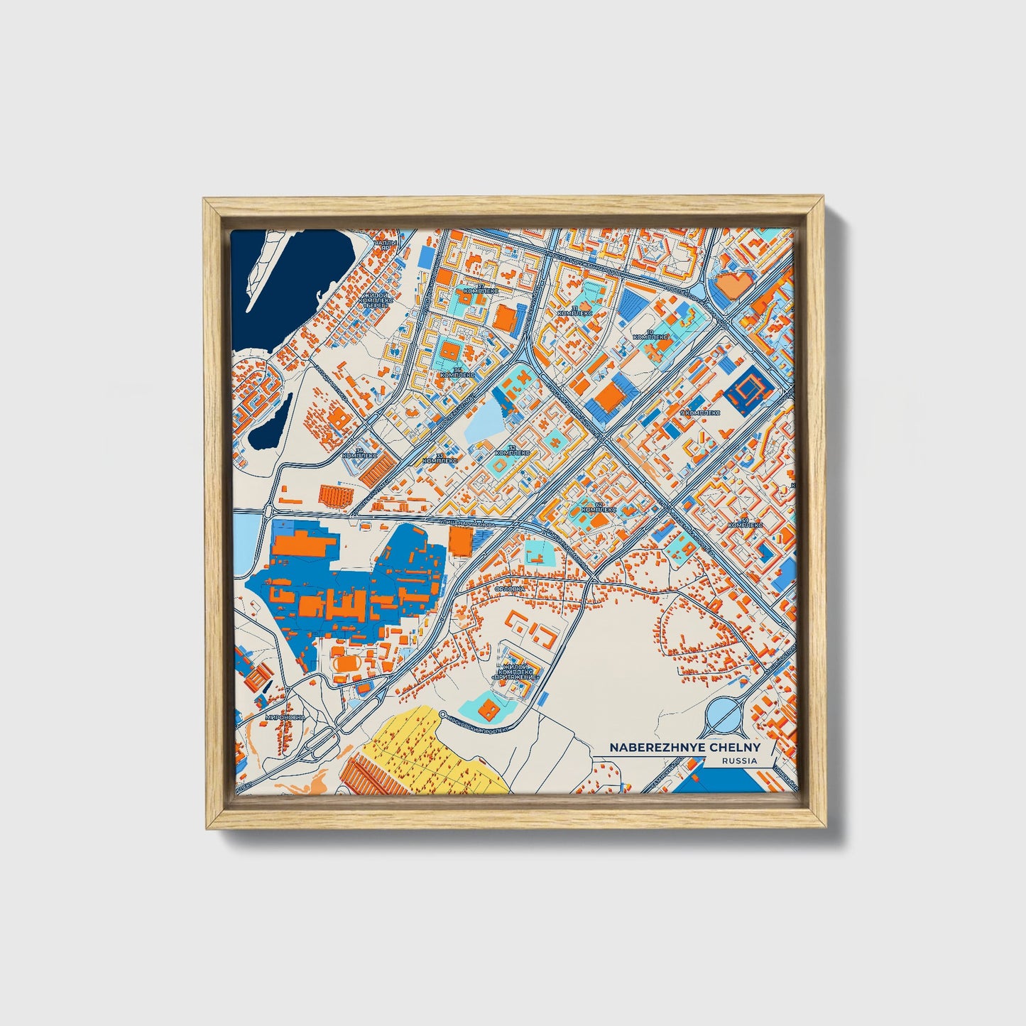 Набережные Челны Russia Colorful City Map Canvas Print • Natural Wooden Framed