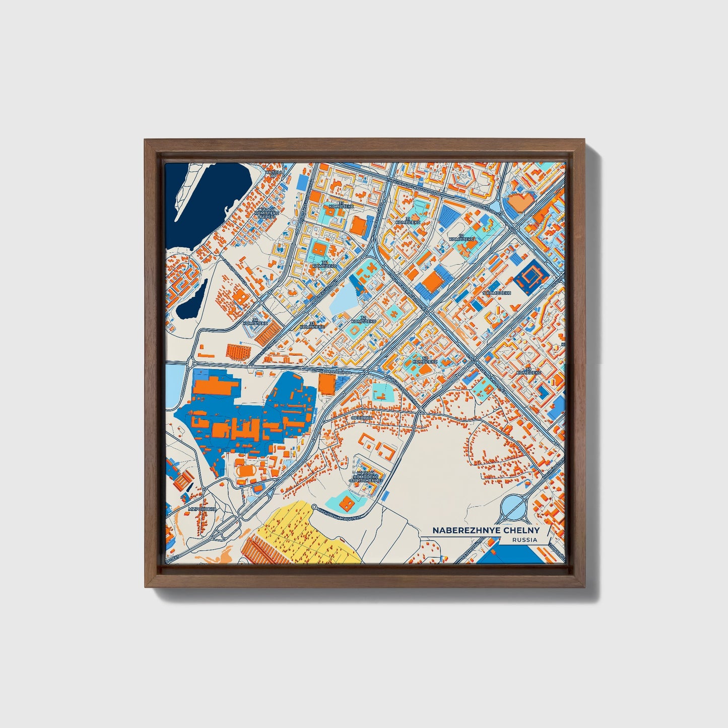 Набережные Челны Russia Colorful City Map Canvas Print • Dark Wooden Framed