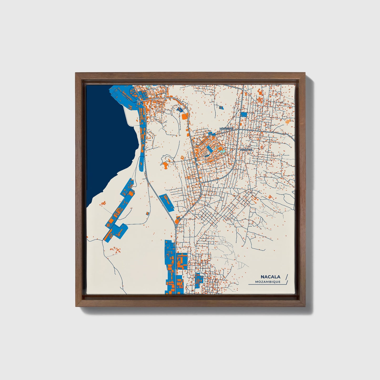 Nacala Mozambique Colorful City Map Canvas Print • Dark Wooden Framed