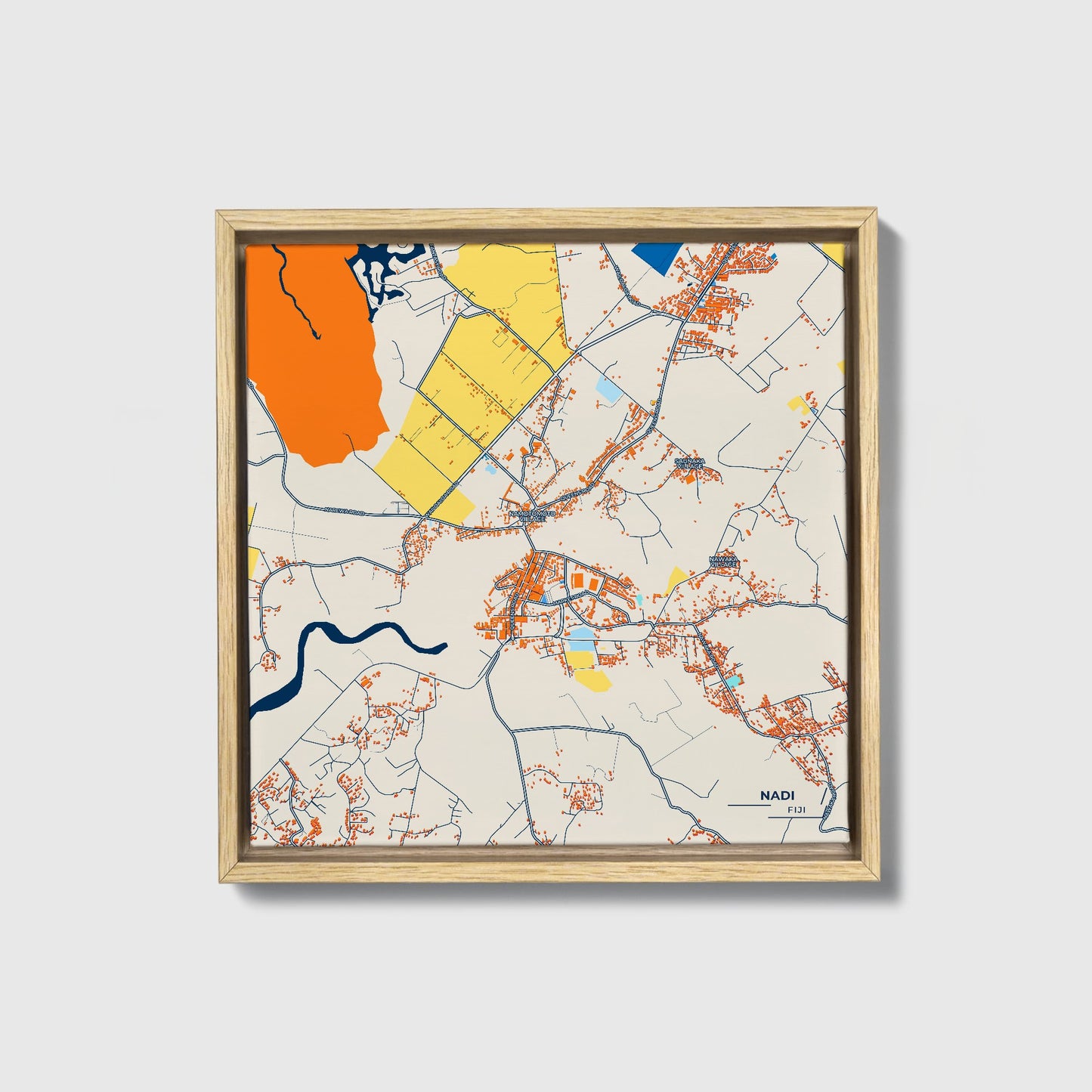 Nadi Fiji Colorful City Map Canvas Print • Natural Wooden Framed