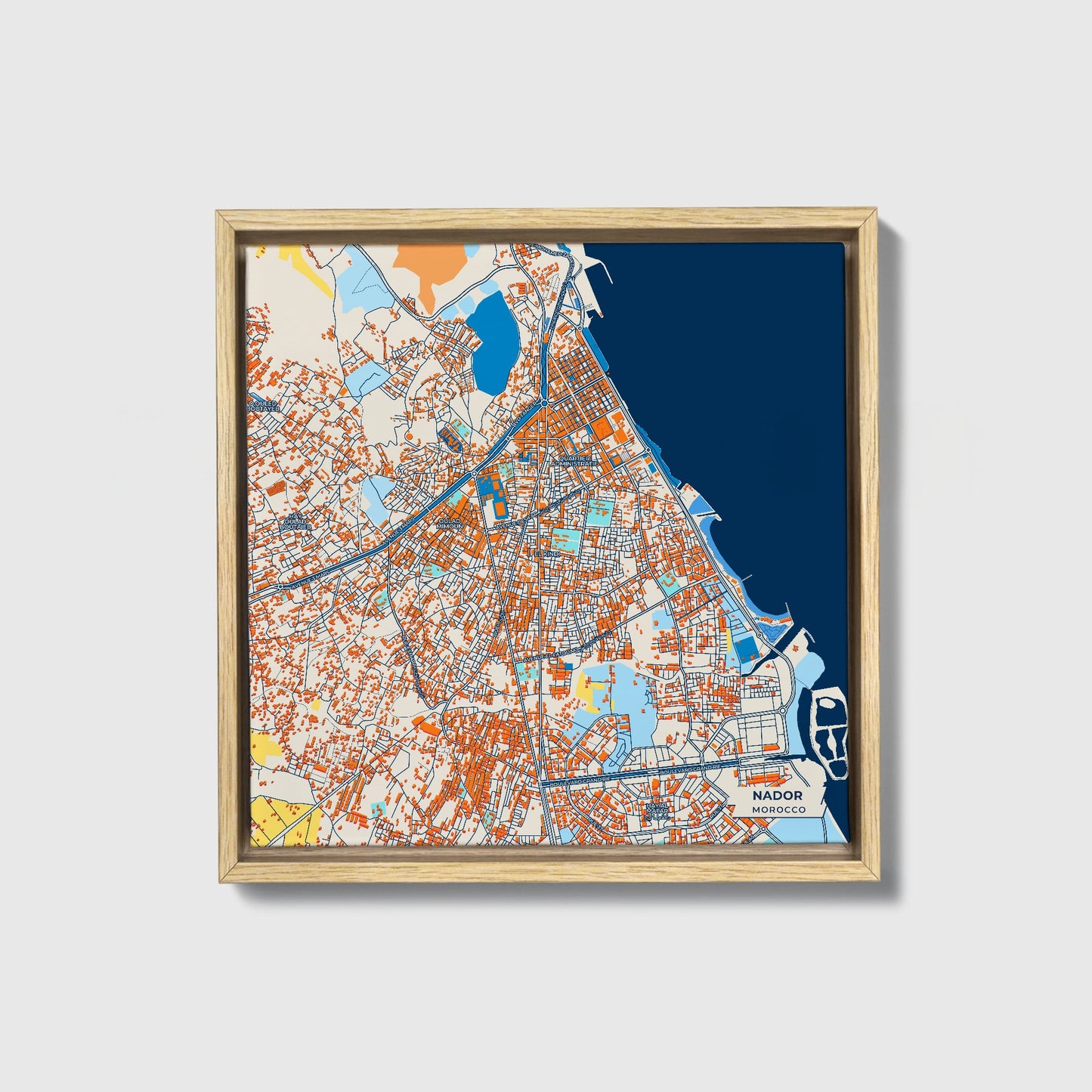 Nador Morocco Colorful City Map Canvas Print • Natural Wooden Framed