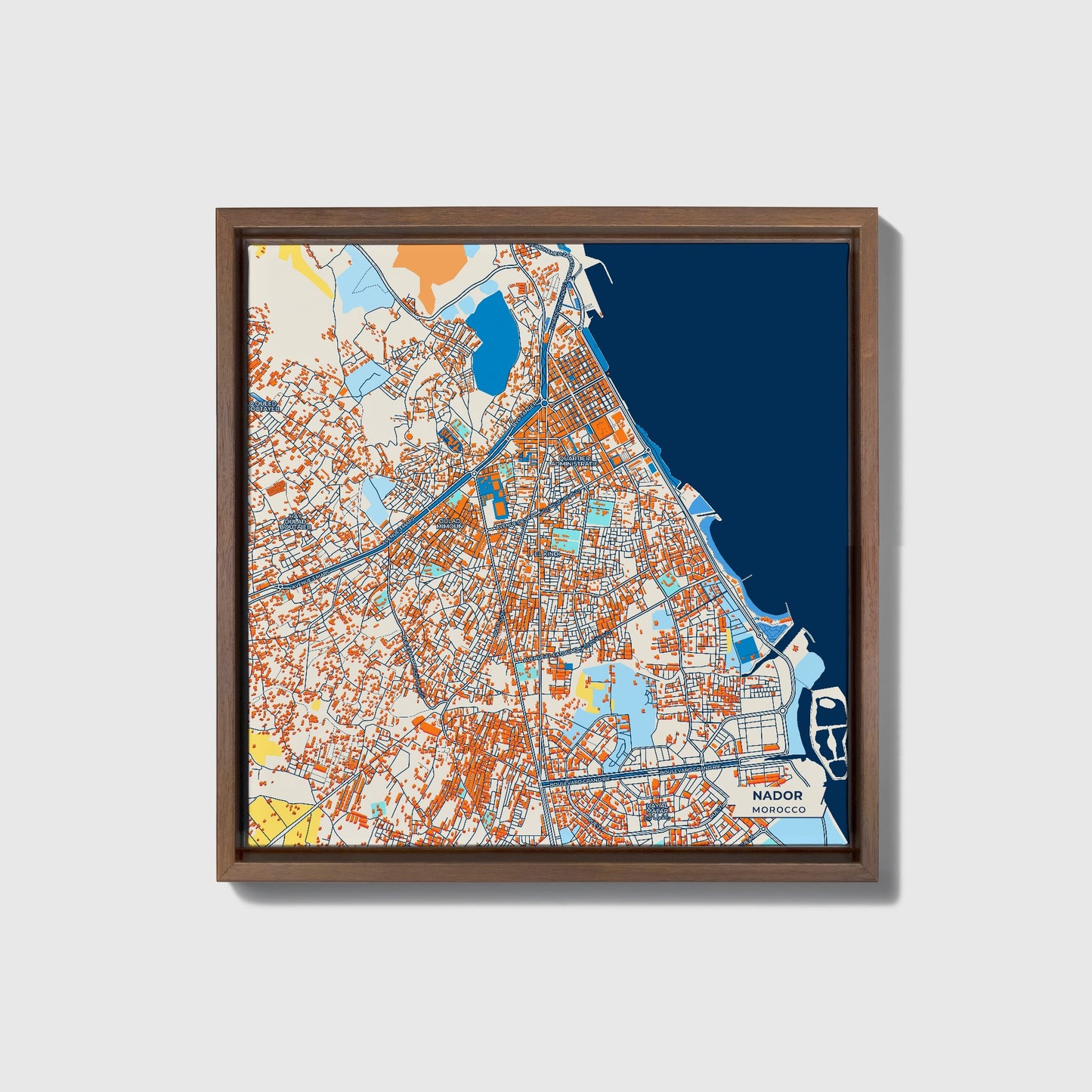 Nador Morocco Colorful City Map Canvas Print • Dark Wooden Framed