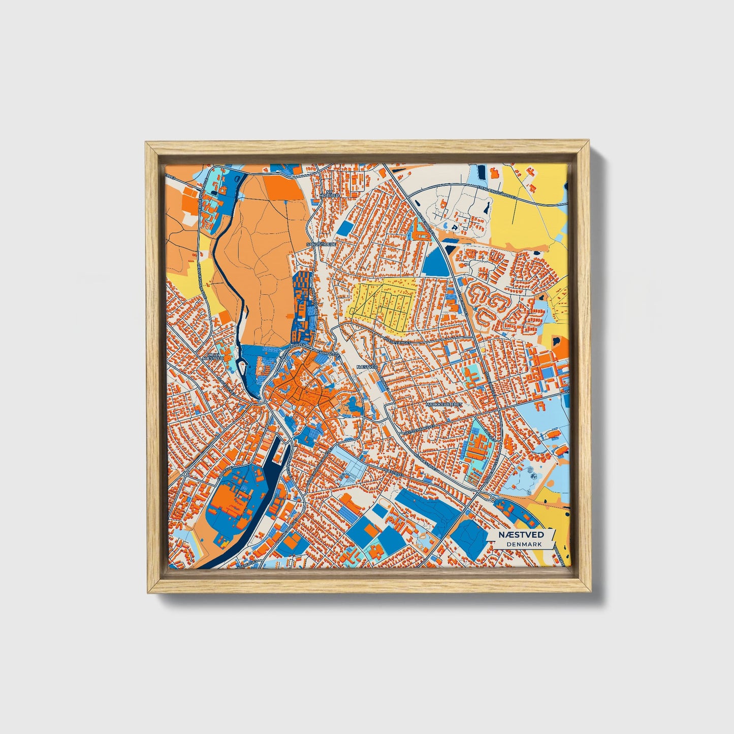 Næstved Denmark Colorful City Map Canvas Print • Natural Wooden Framed