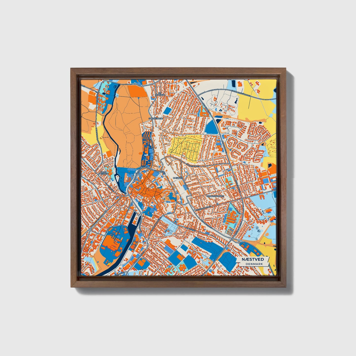 Næstved Denmark Colorful City Map Canvas Print • Dark Wooden Framed