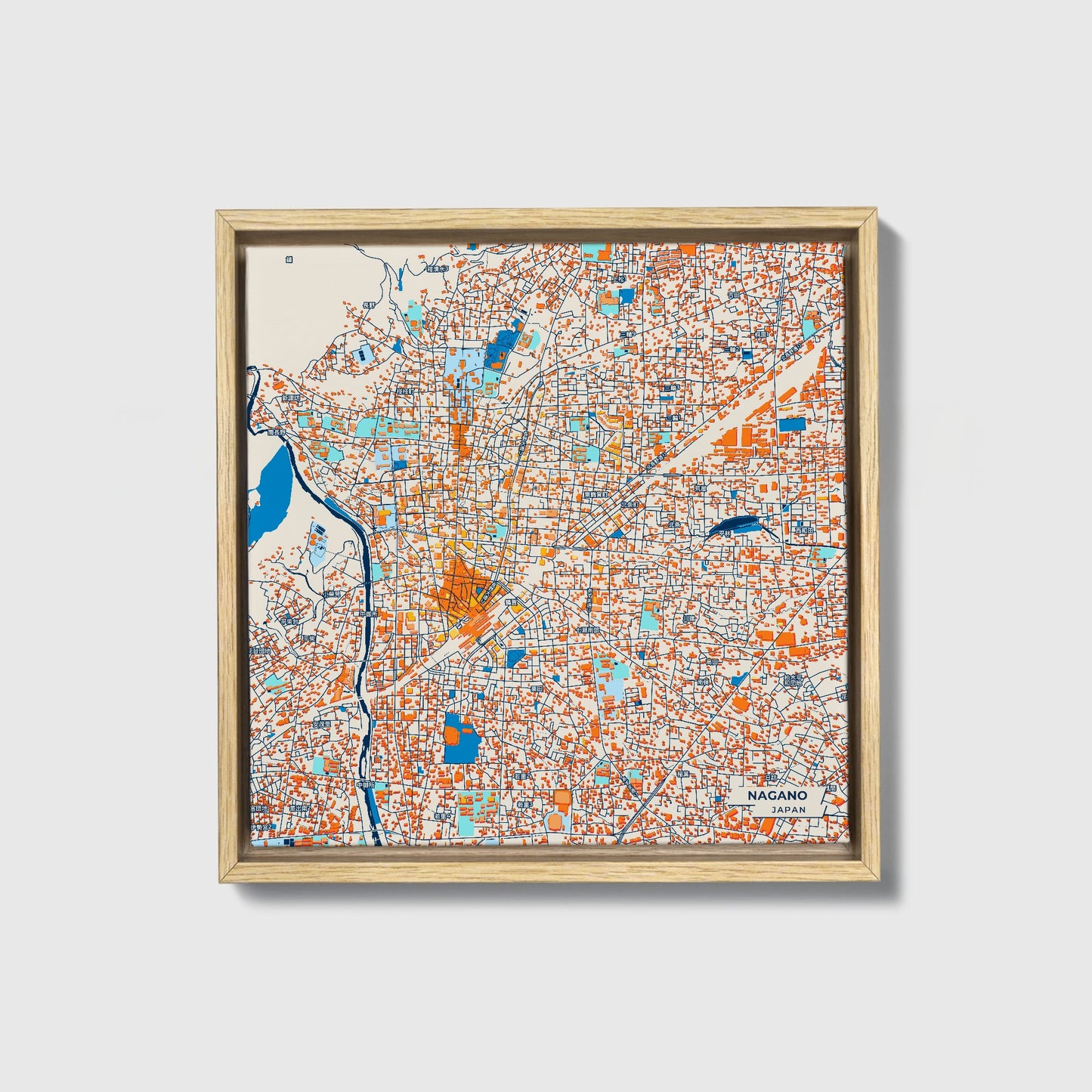 Nagano Japan Colorful City Map Canvas Print • Natural Wooden Framed