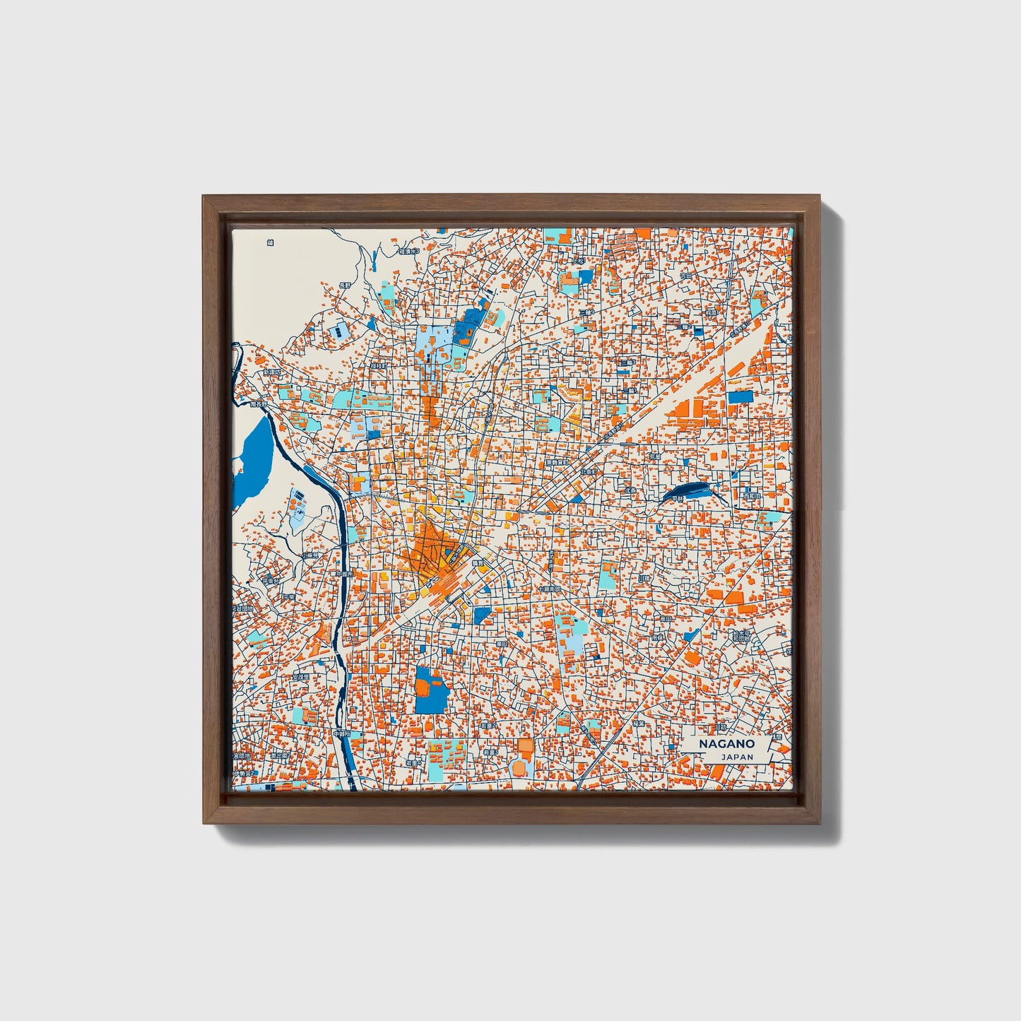 Nagano Japan Colorful City Map Canvas Print • Dark Wooden Framed