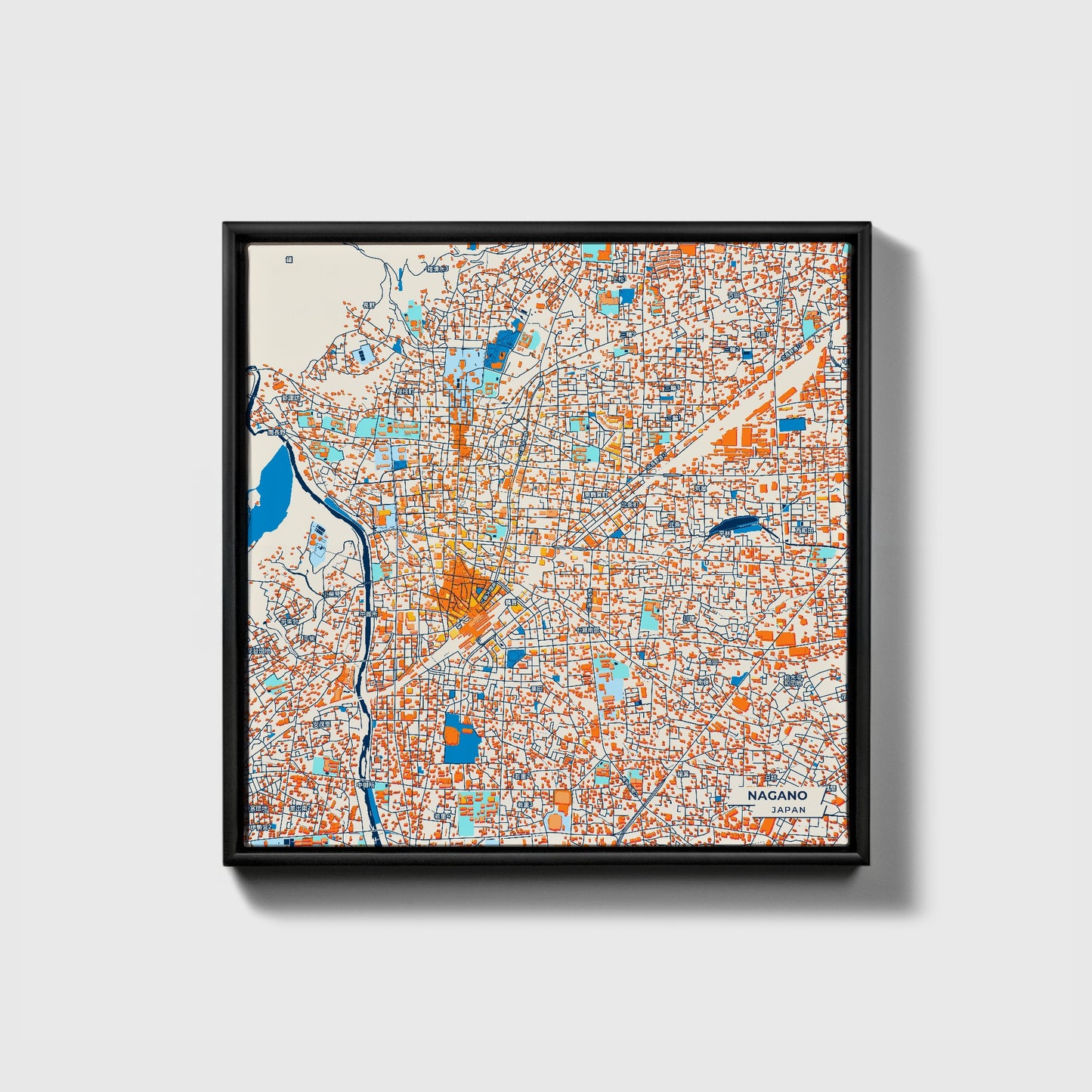 Nagano Japan Colorful City Map Canvas Print • Black Framed