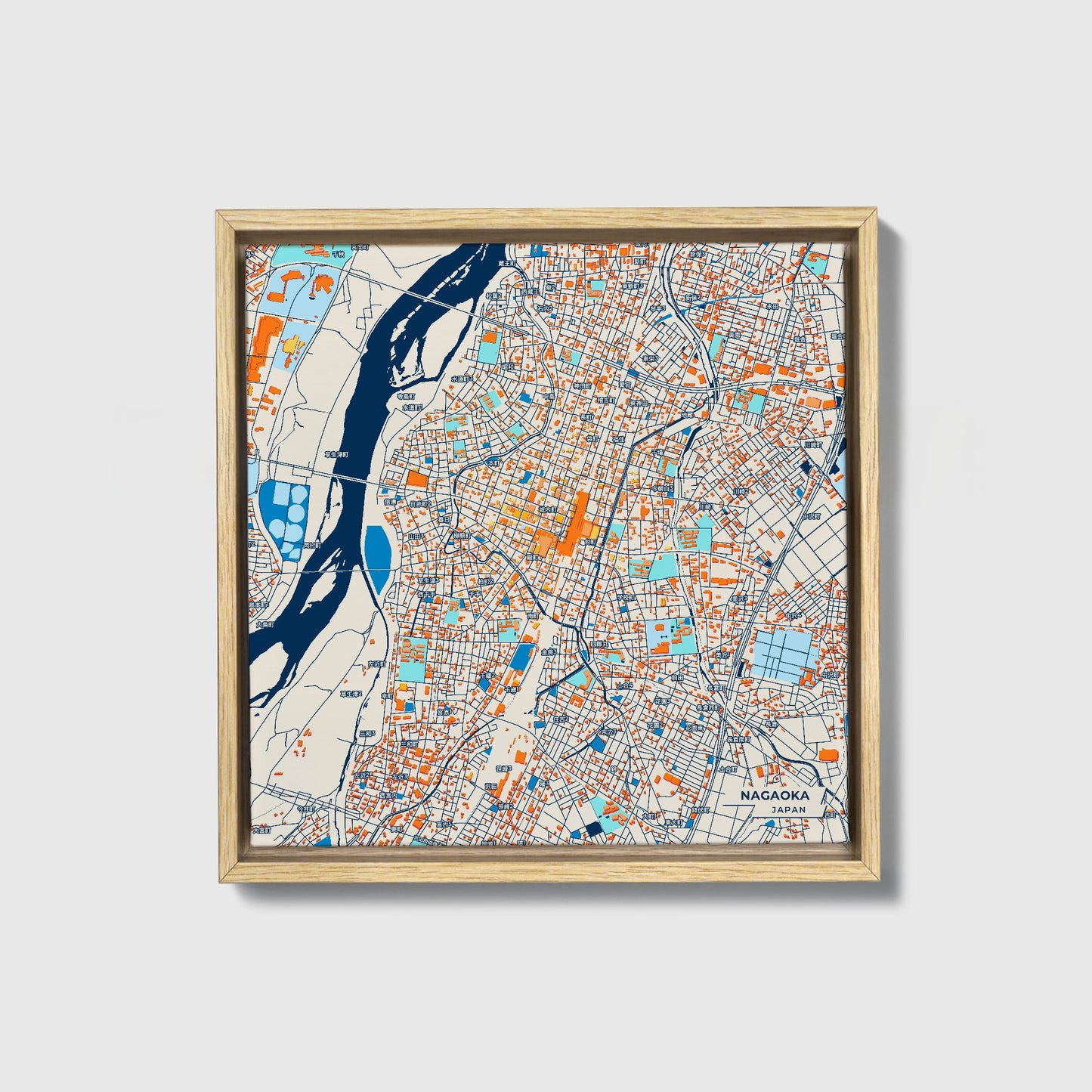 Nagaoka Japan Colorful City Map Canvas Print • Natural Wooden Framed