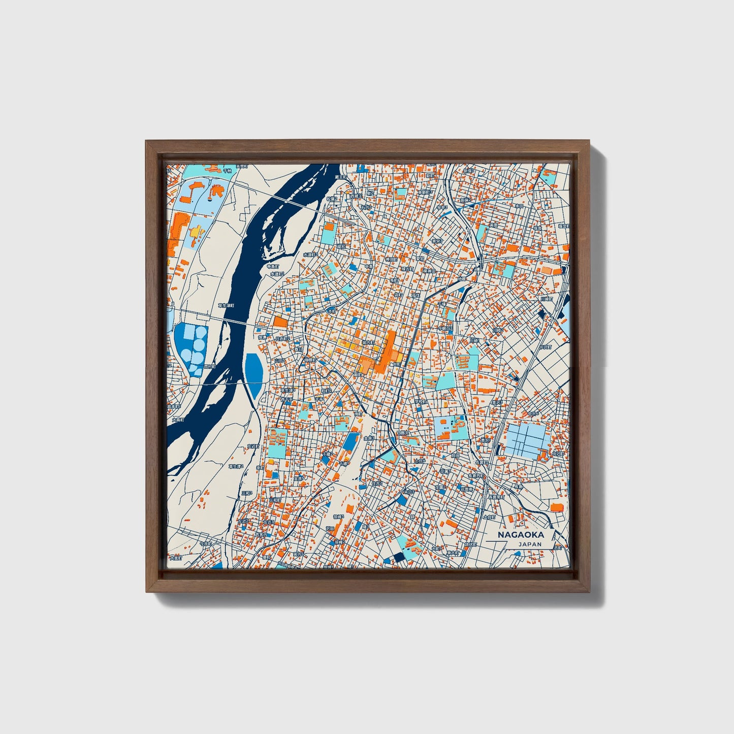 Nagaoka Japan Colorful City Map Canvas Print • Dark Wooden Framed