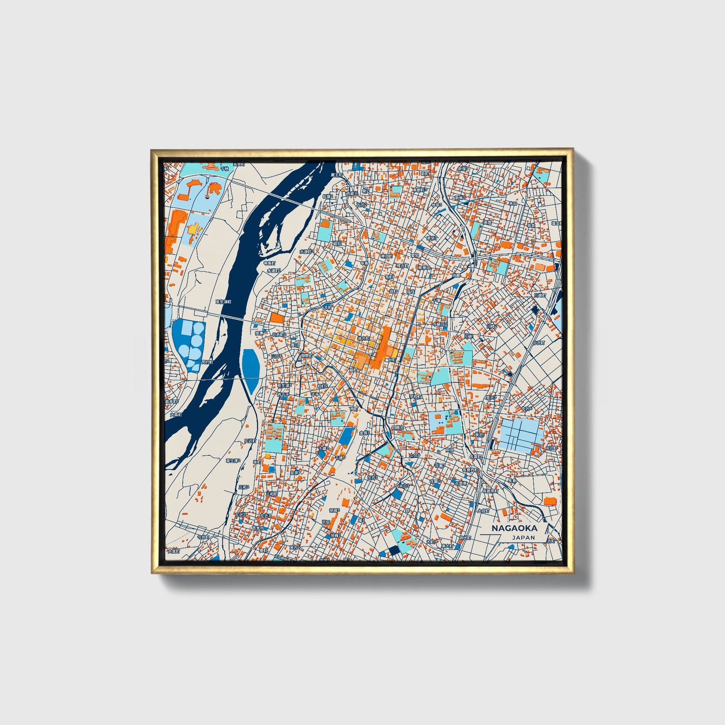 Nagaoka Japan Colorful City Map Canvas Print • Gold Framed