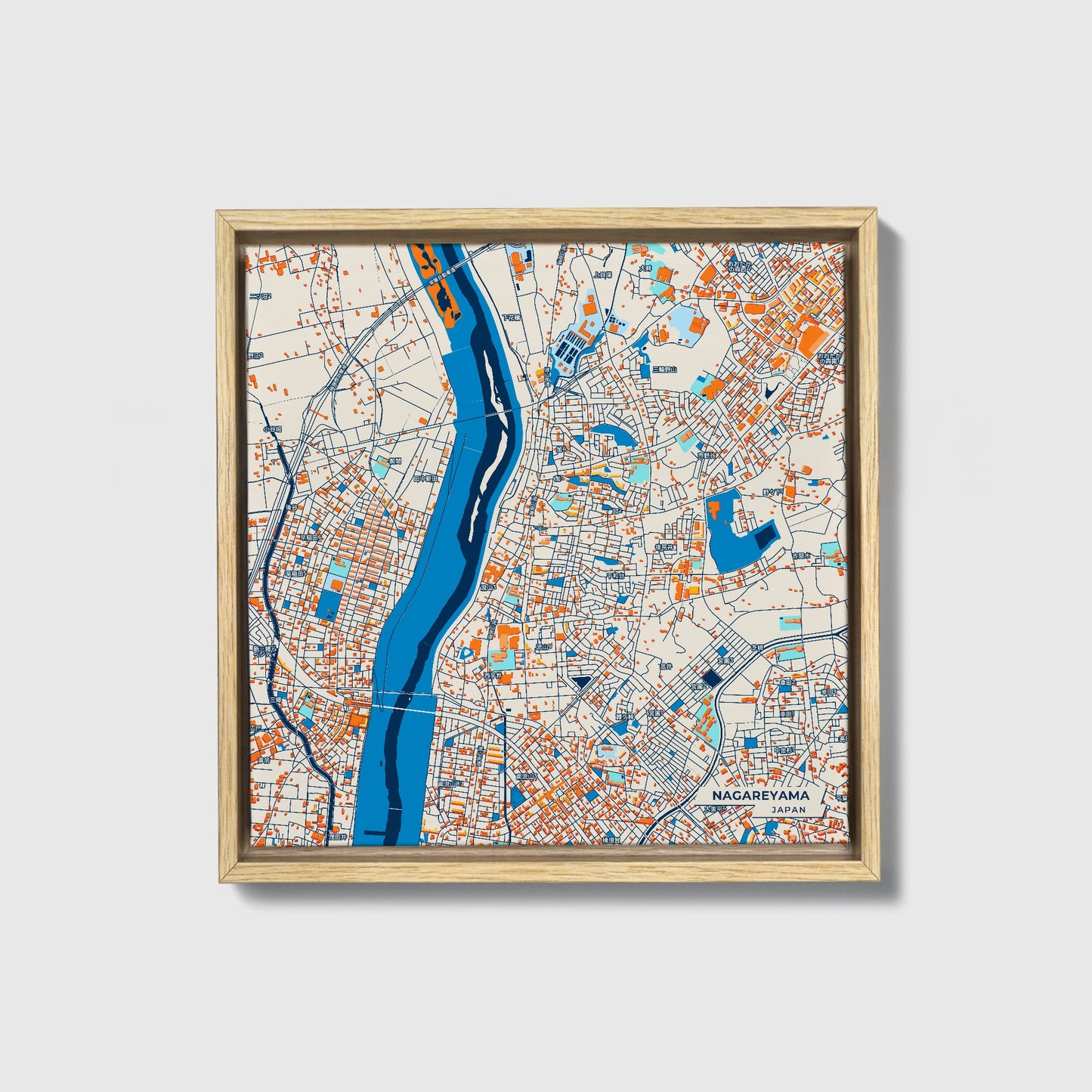 Nagareyama Japan Colorful City Map Canvas Print • Natural Wooden Framed