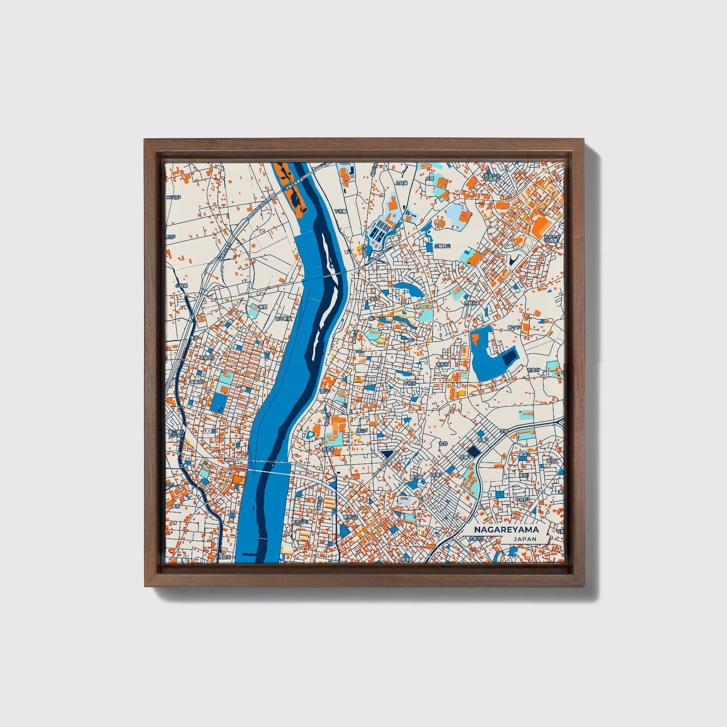 Nagareyama Japan Colorful City Map Canvas Print • Dark Wooden Framed