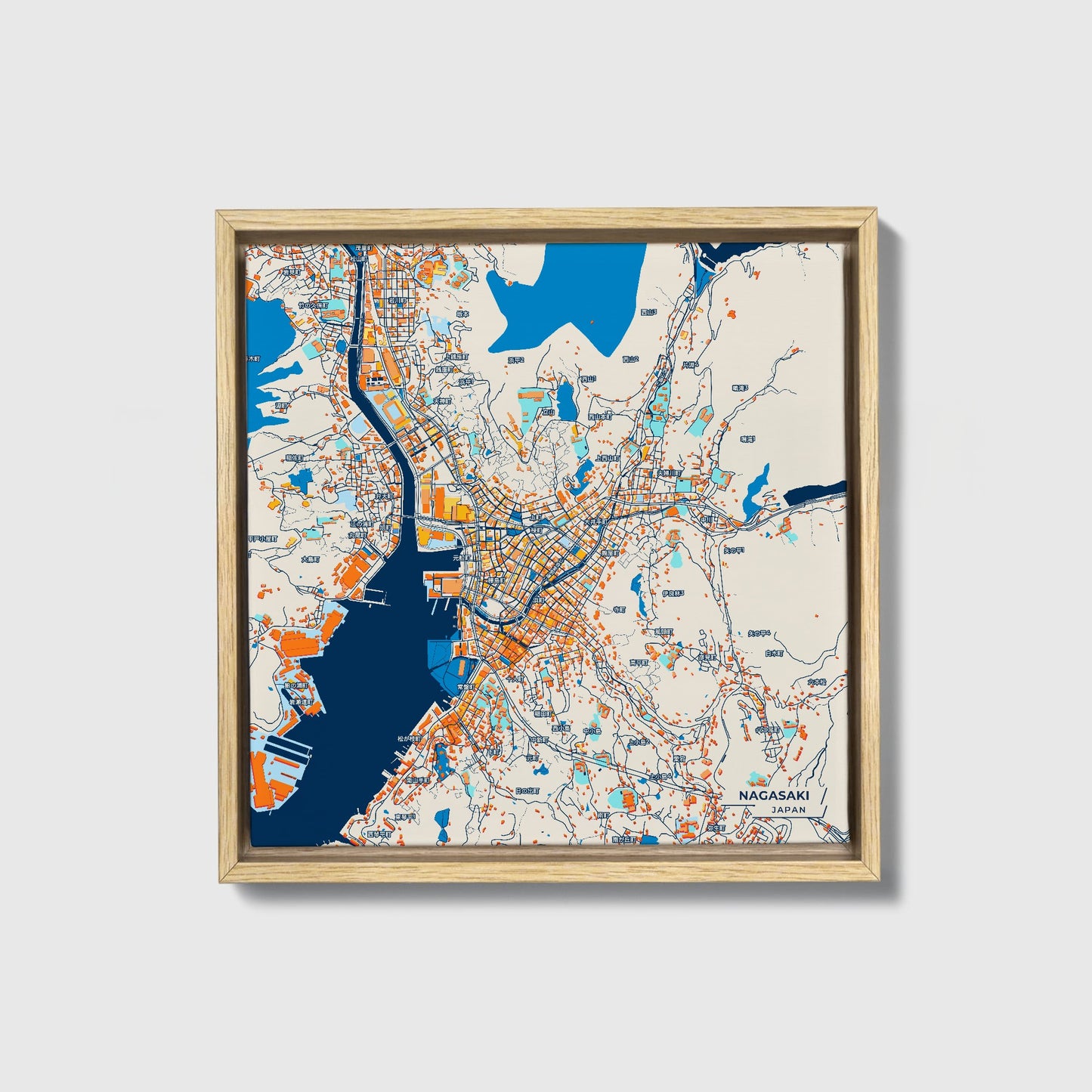 Nagasaki Japan Colorful City Map Canvas Print • Natural Wooden Framed