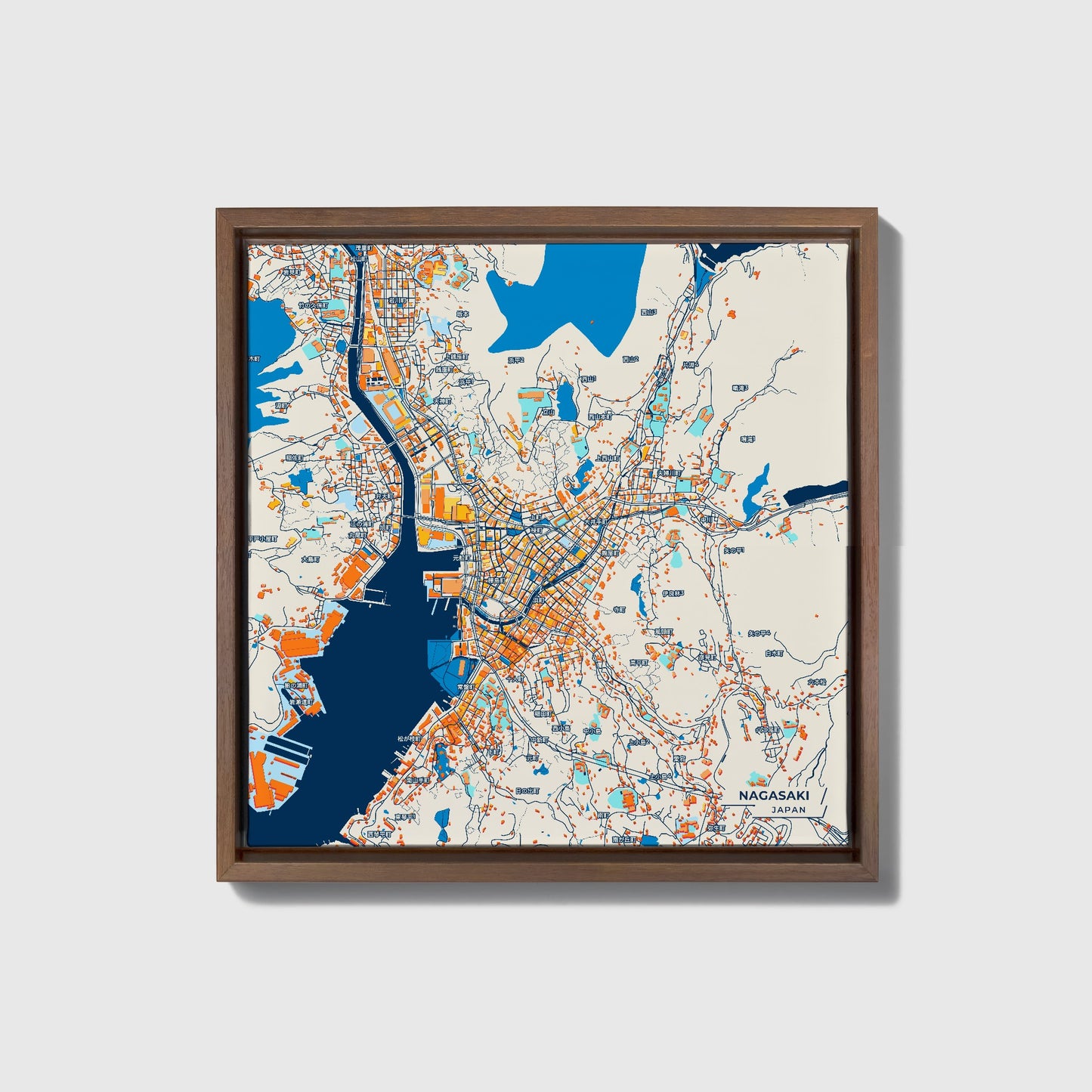 Nagasaki Japan Colorful City Map Canvas Print • Dark Wooden Framed