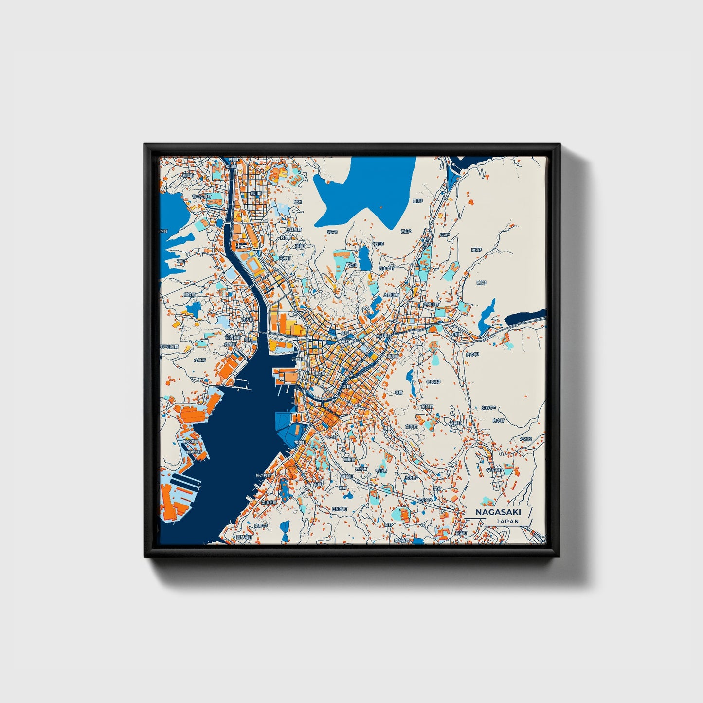 Nagasaki Japan Colorful City Map Canvas Print • Black Framed