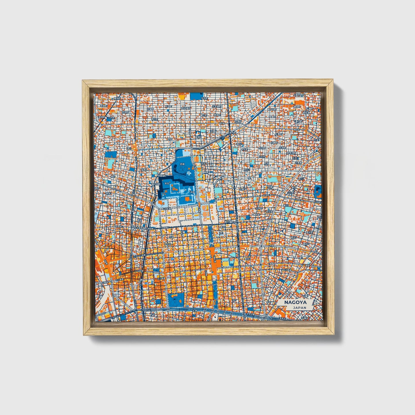 Nagoya Japan Colorful City Map Canvas Print • Natural Wooden Framed
