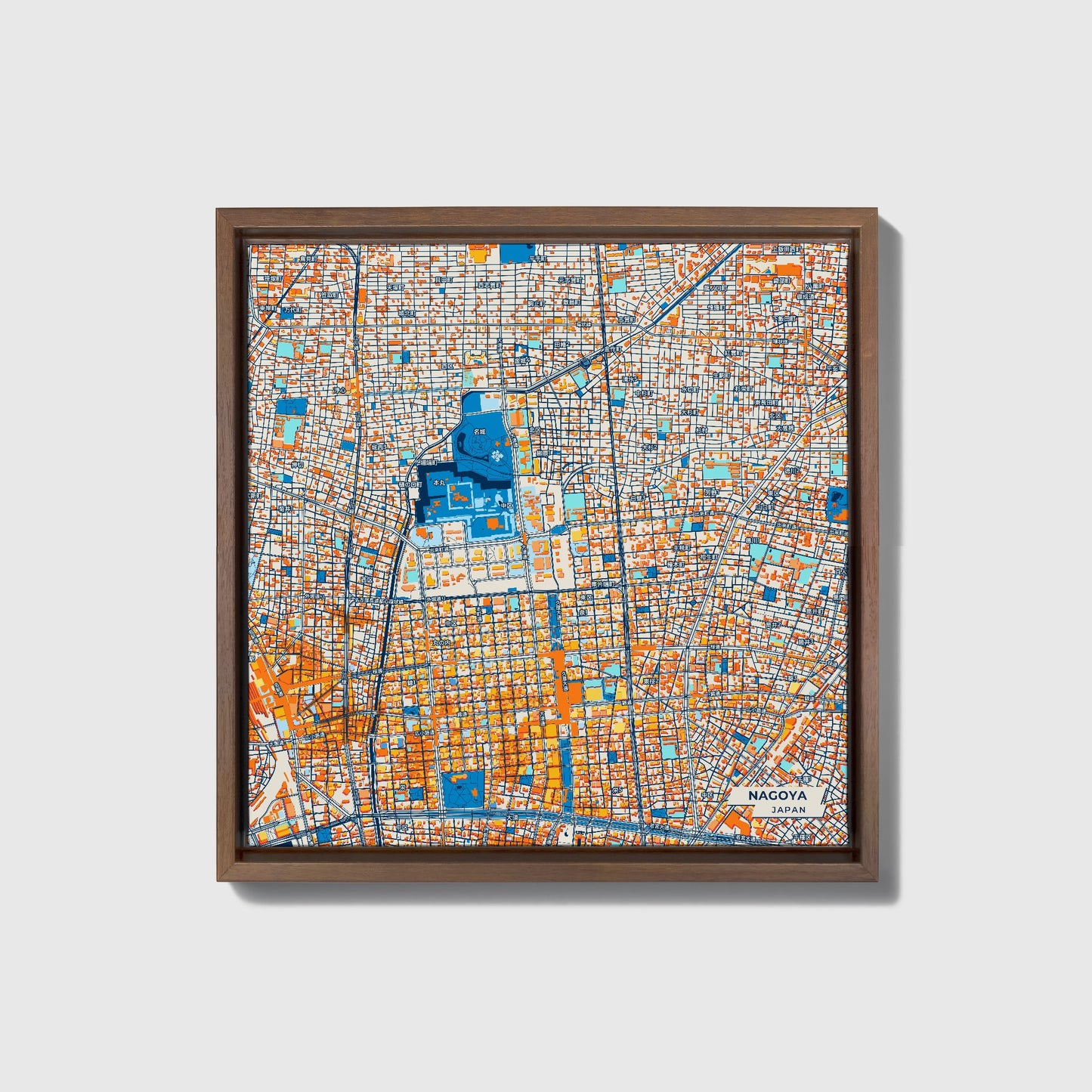 Nagoya Japan Colorful City Map Canvas Print • Dark Wooden Framed