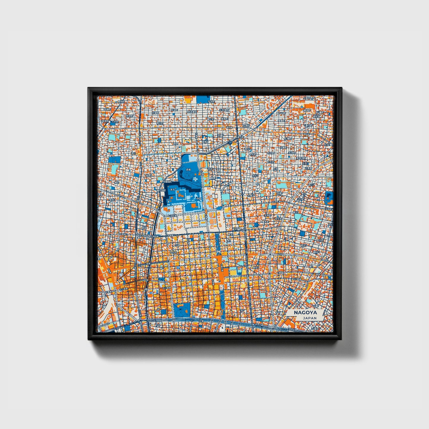 Nagoya Japan Colorful City Map Canvas Print • Black Framed