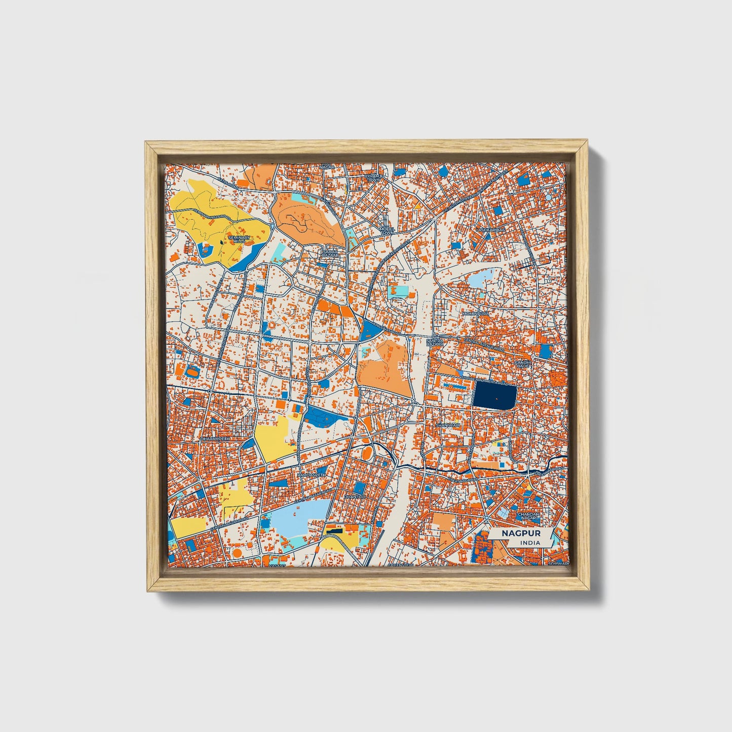 Nagpur India Colorful City Map Canvas Print • Natural Wooden Framed