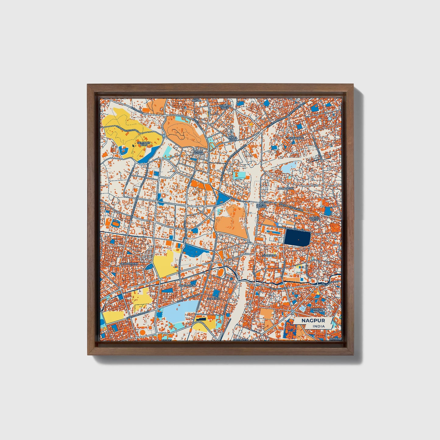 Nagpur India Colorful City Map Canvas Print • Dark Wooden Framed