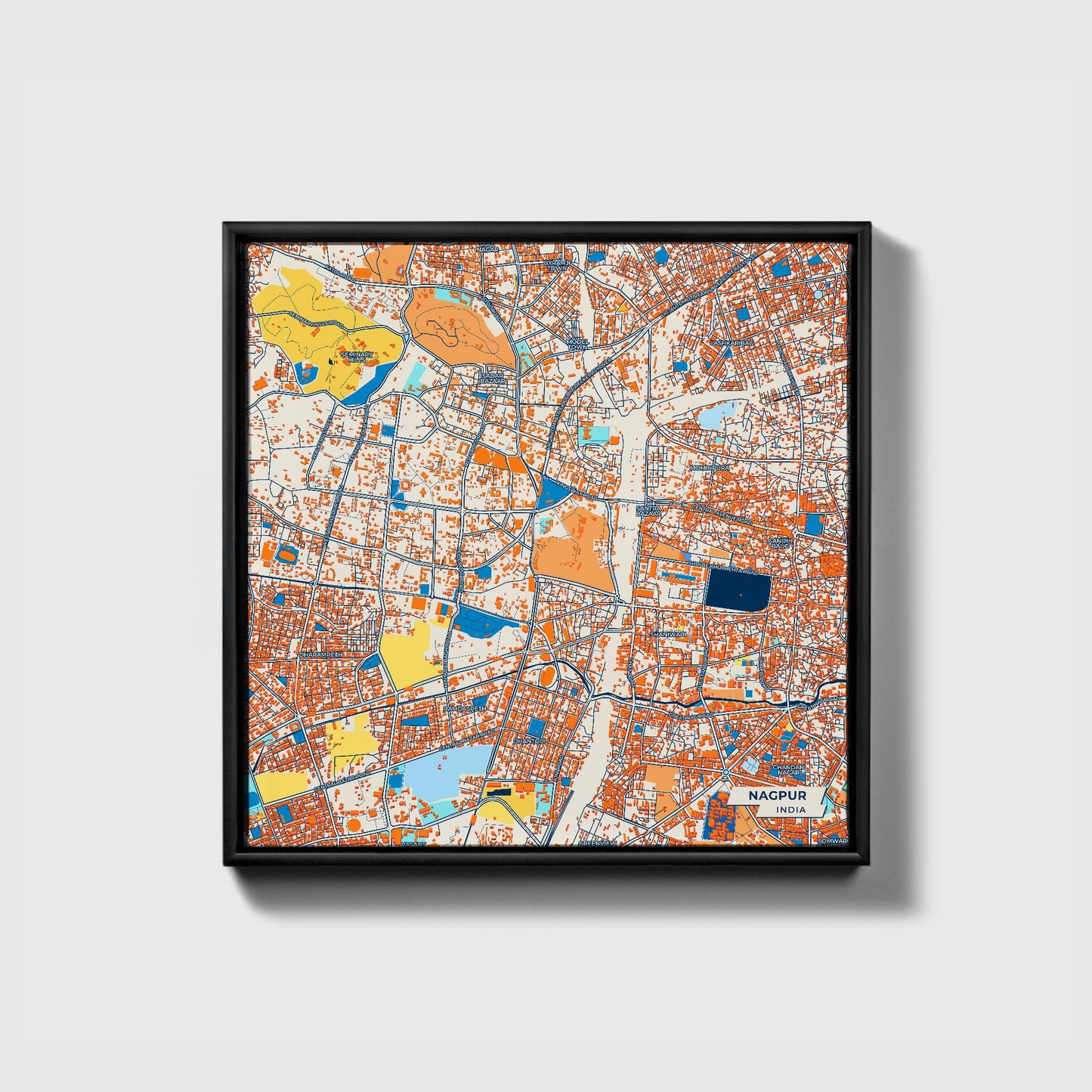 Nagpur India Colorful City Map Canvas Print • Black Framed