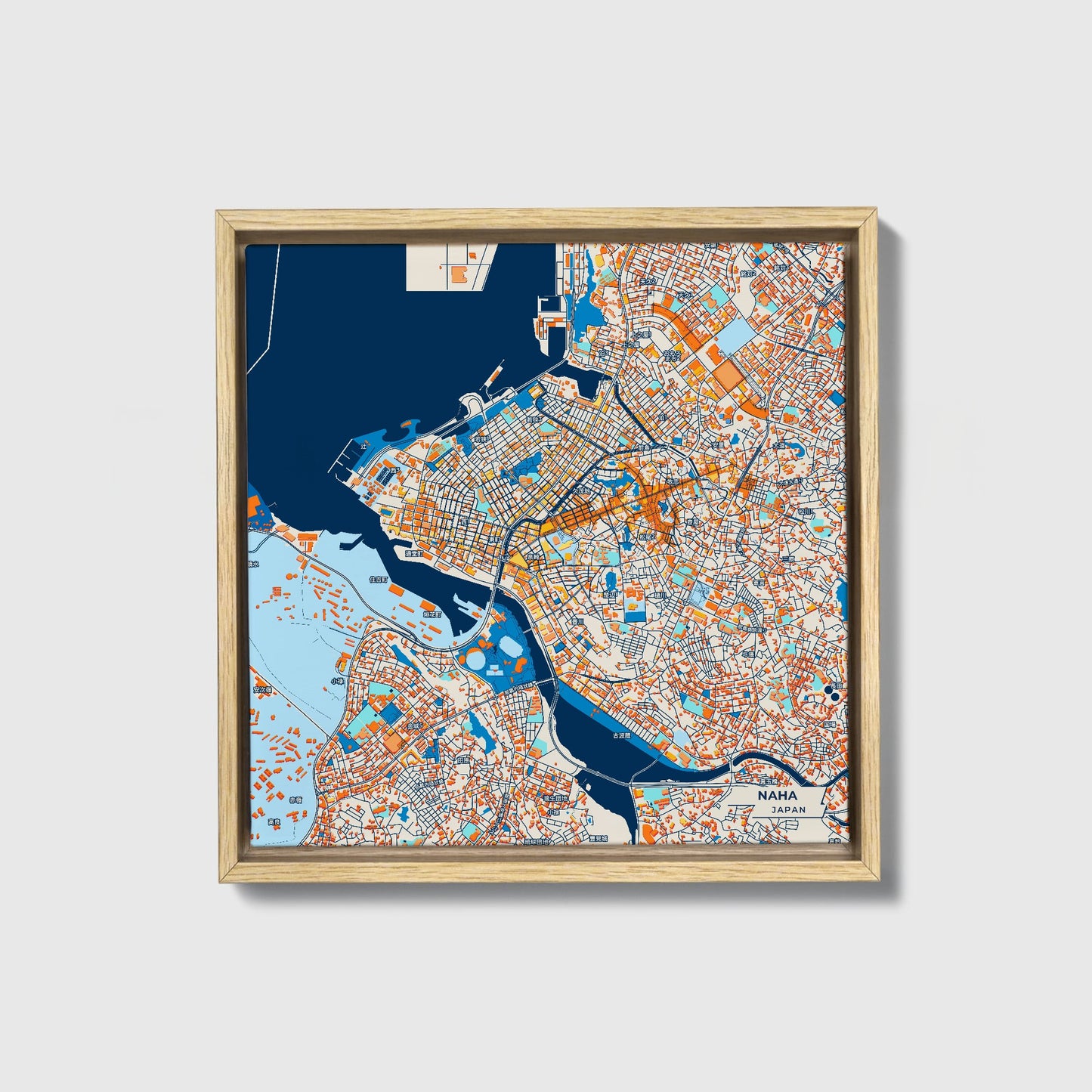 Naha Japan Colorful City Map Canvas Print • Natural Wooden Framed