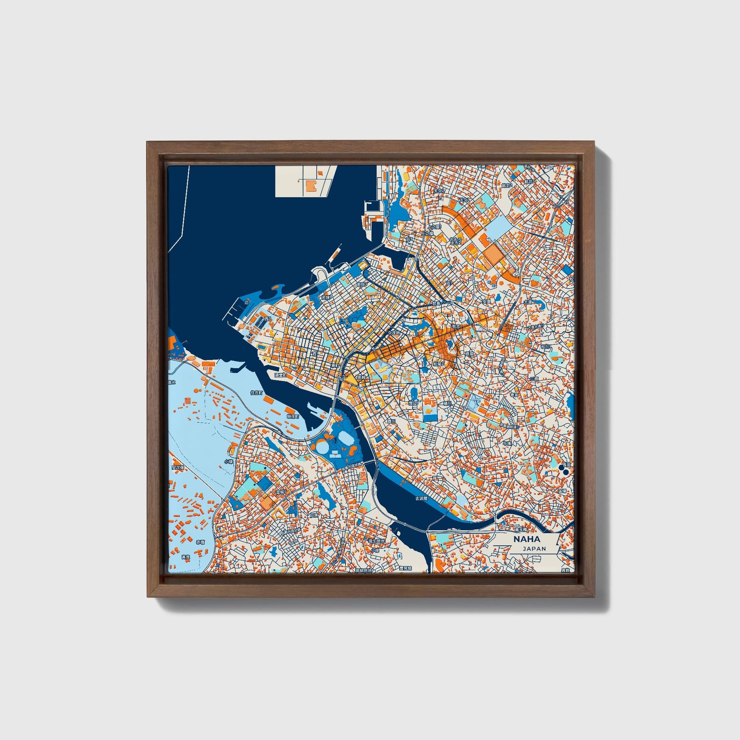 Naha Japan Colorful City Map Canvas Print • Dark Wooden Framed