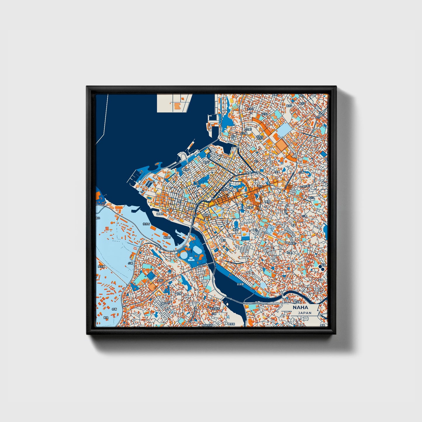 Naha Japan Colorful City Map Canvas Print • Black Framed