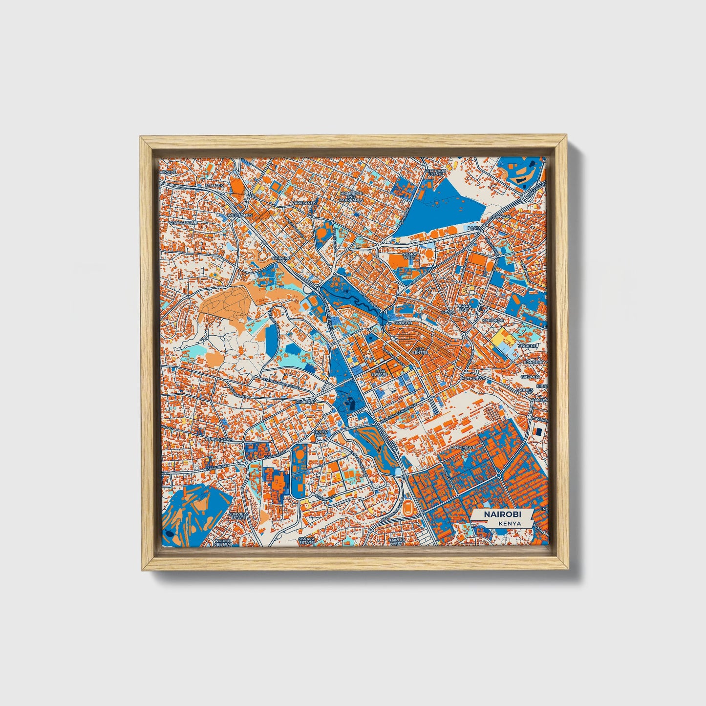 Nairobi Kenya Colorful City Map Canvas Print • Natural Wooden Framed