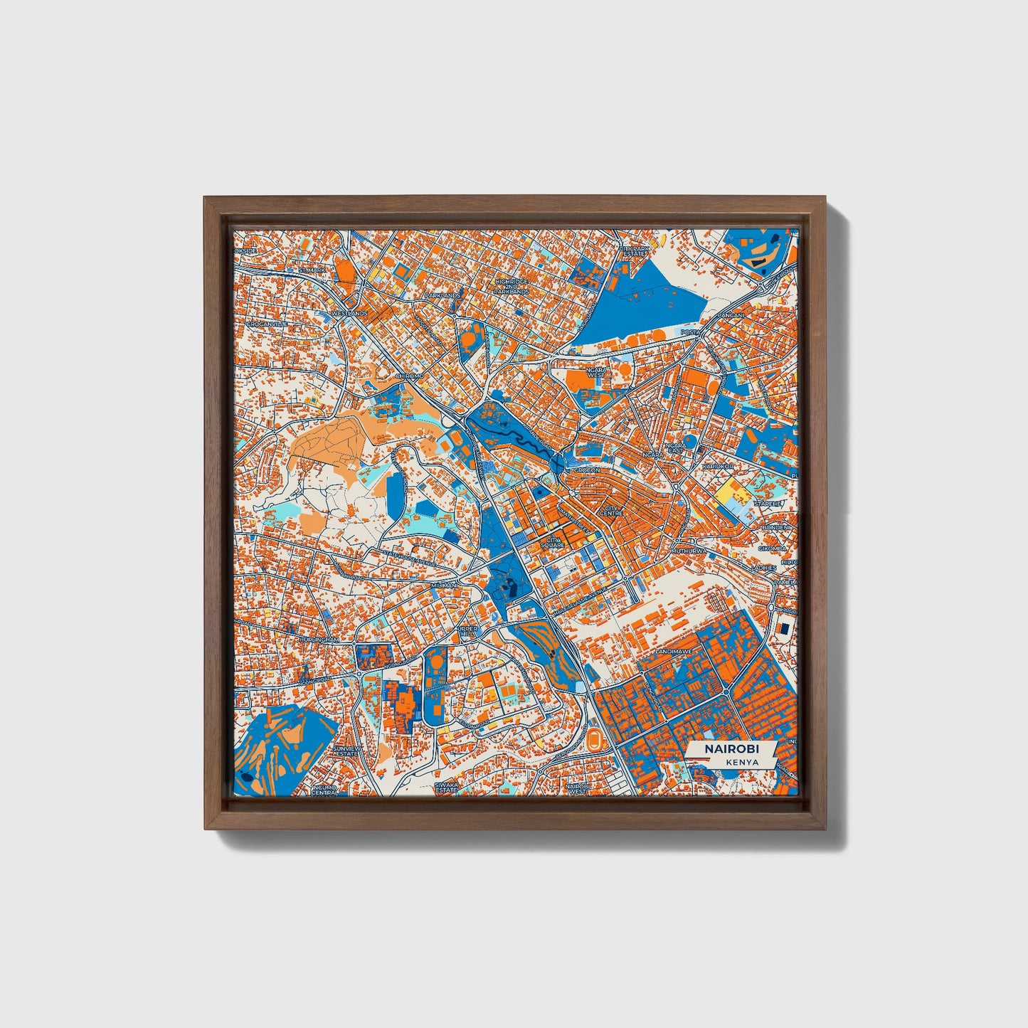 Nairobi Kenya Colorful City Map Canvas Print • Dark Wooden Framed